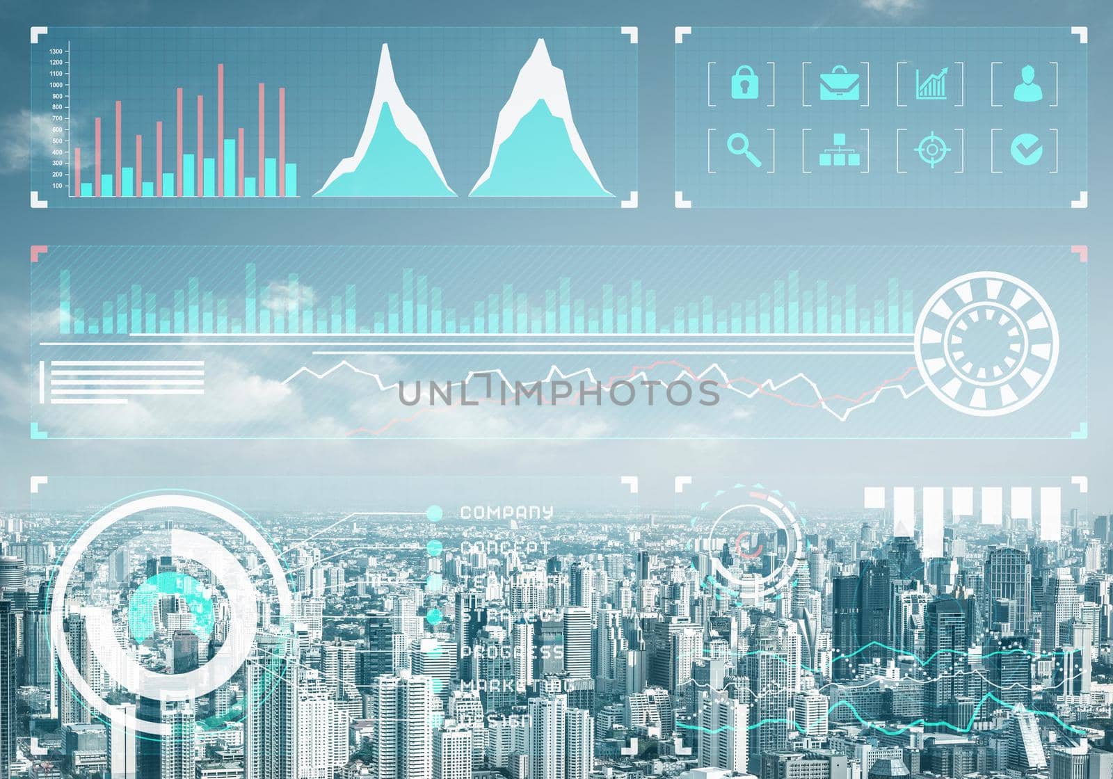 Forex trading business concept with abstract financial graphics on background of modern city skyline. Stock exchange market graph analysis. Digital analytics and statistics. Stats and economy.