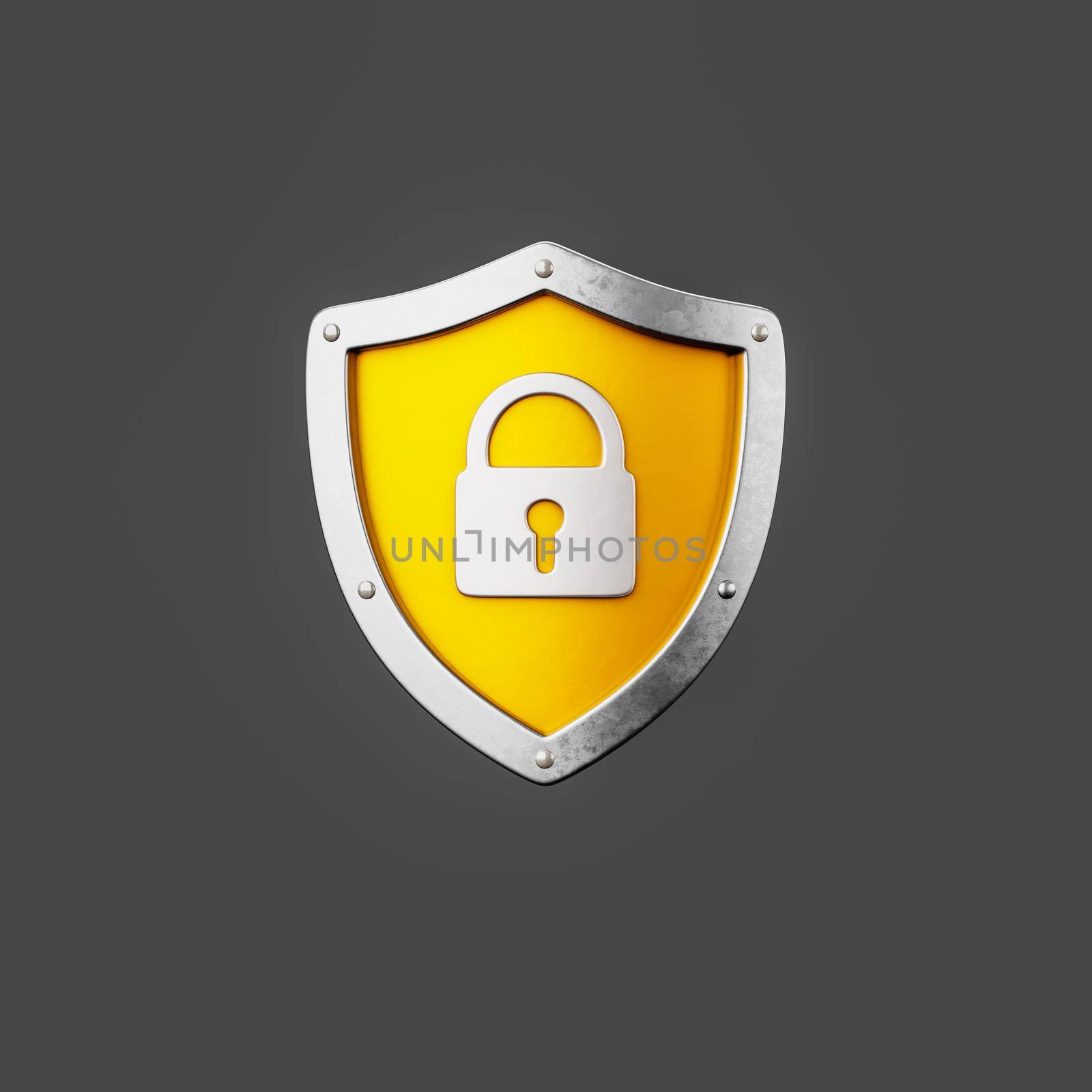 Metallic Shield Shape with Padlock on Gray Background by make