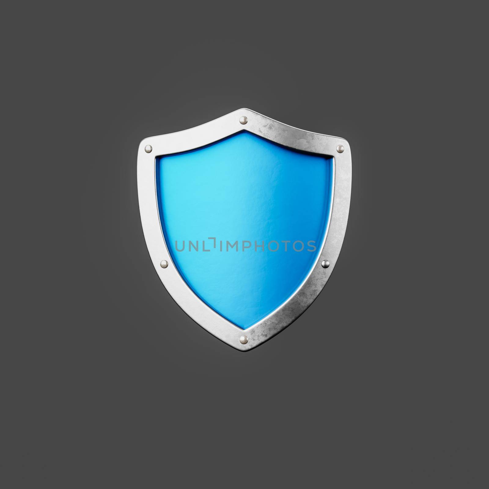 Blue Metallic Shield Shape Isolated on Flat Dark Gray Background 3D Illustration