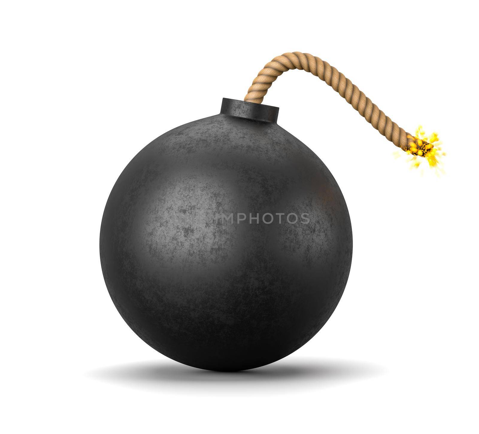 Black Cartoon Bomb with Lit Fuse on White Background 3D Illustration, Danger Concept