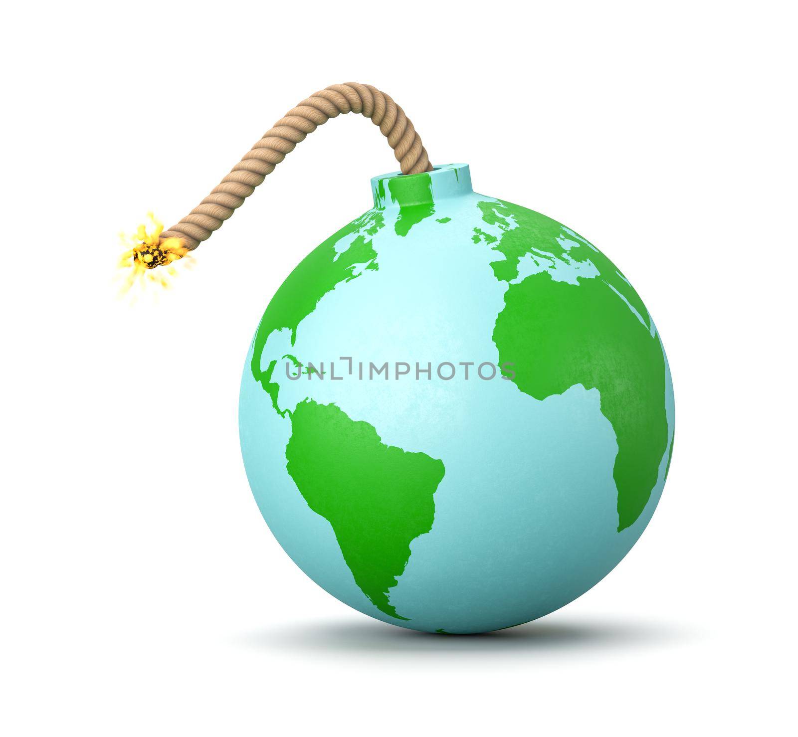 Earth in the form of a Cartoon Bomb with Lit Fuse on White Background 3D Illustration, Danger Concept