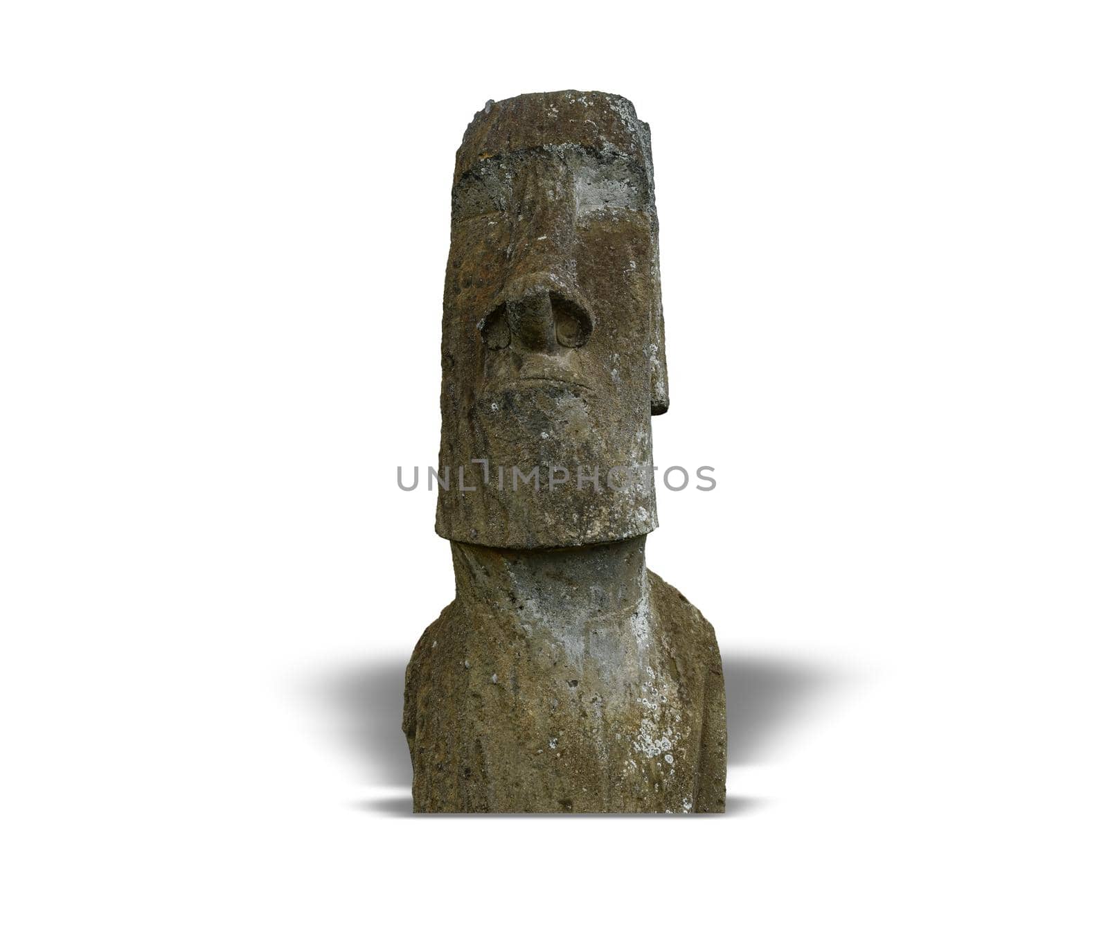 Front view of Moai statue on white background with shadow