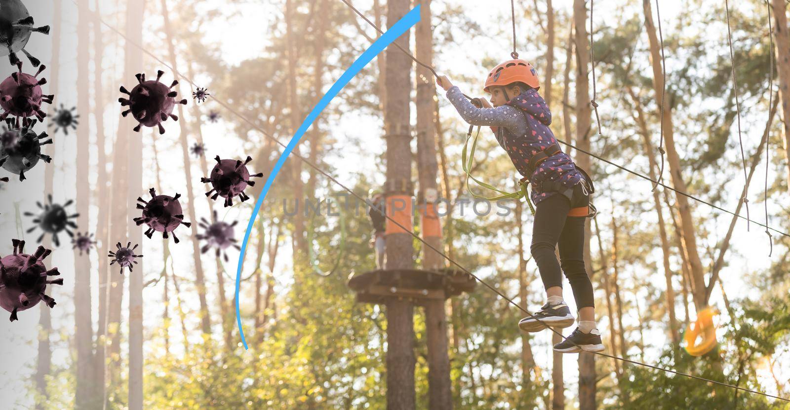 Little girl surrounded by virus, virtual barrier as virus protection.