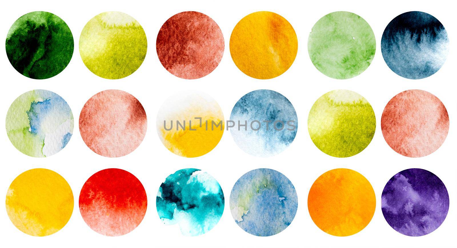 Watercolor abstract art paintings with colorful spheres isolated on white background. Aquarelle creative drawings on textured paper canvas