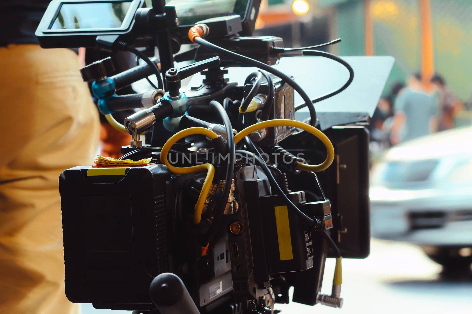 Cinema Camera on Film Set, Behind the scenes background, film crew production