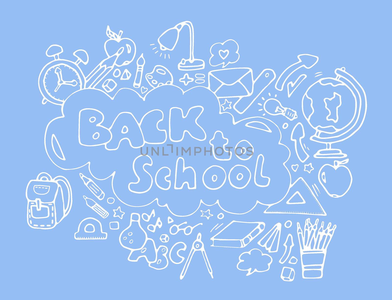 Back to school. White doodles on blue background