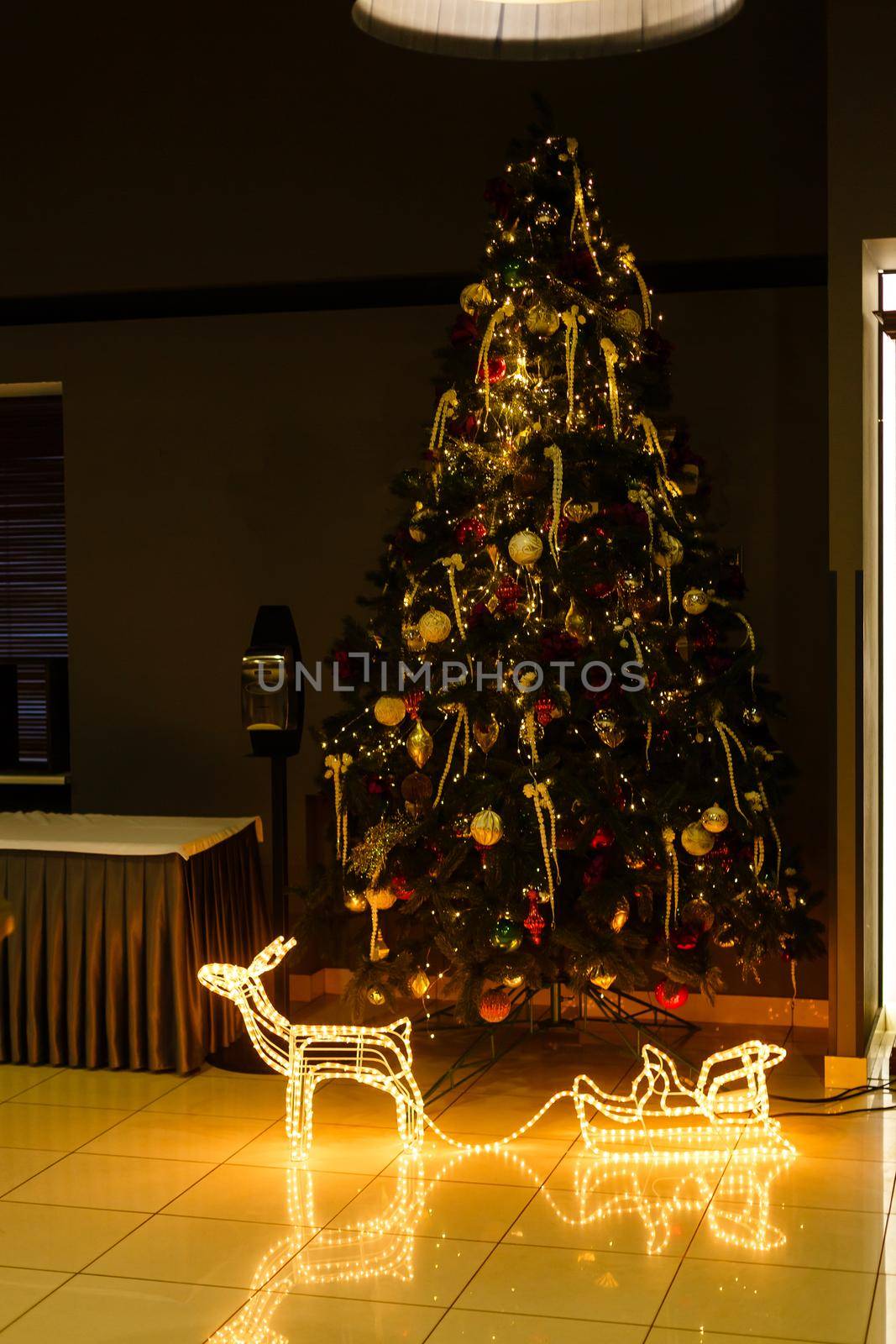 A christmas tree in a room. High quality photo