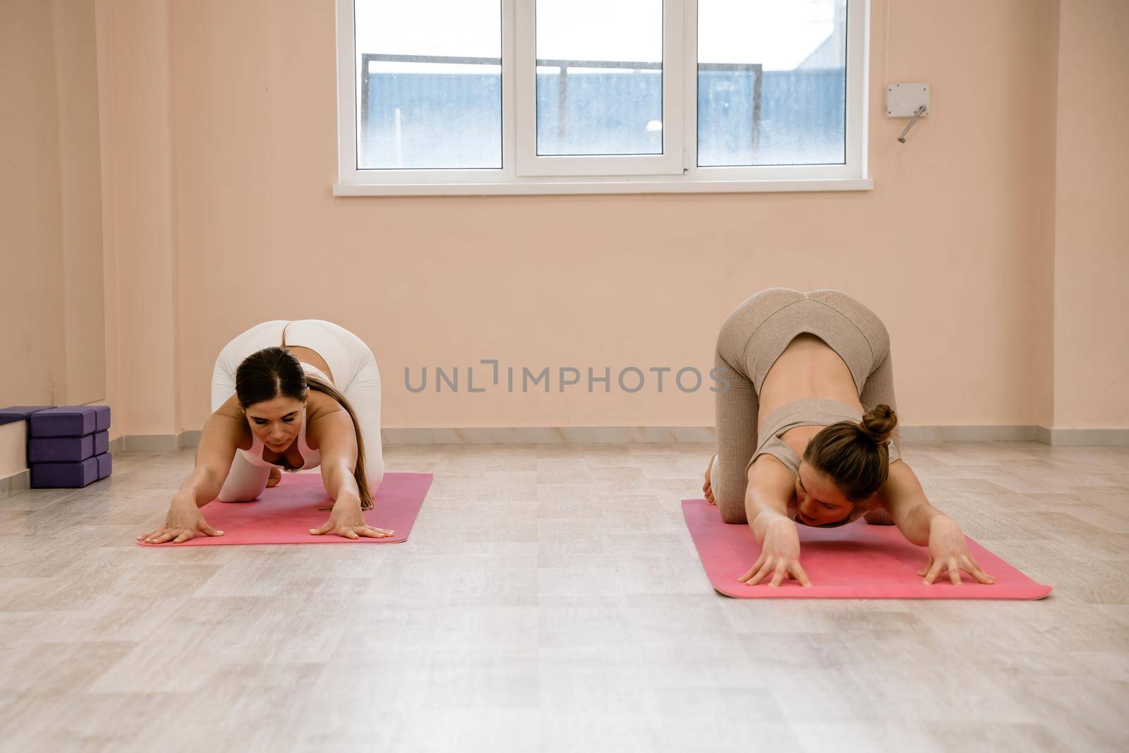 Two beautiful women do yoga, sports in the gym. The concept of grace and beauty of the body. by Matiunina