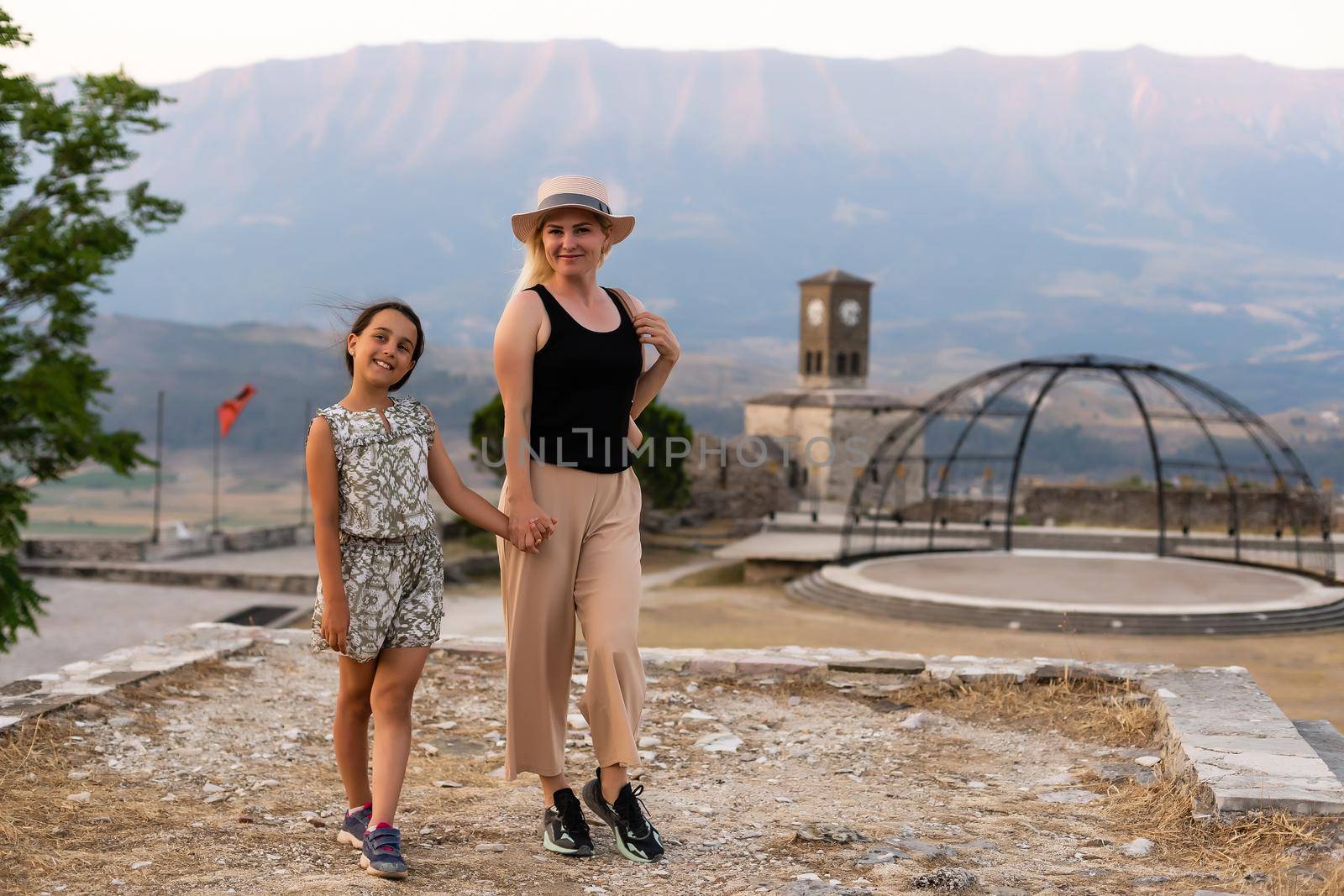 GJIROKASTER, ALBANIA. tourists in Gjirokaster castle.