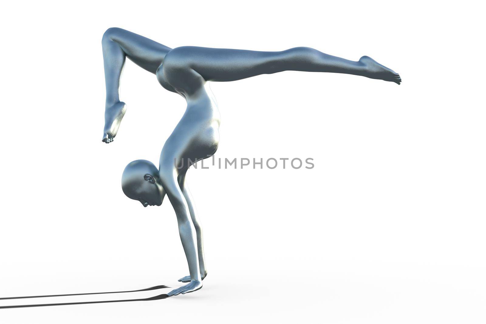 3D render of a silver bald female gymnast on a white background doing a handstand