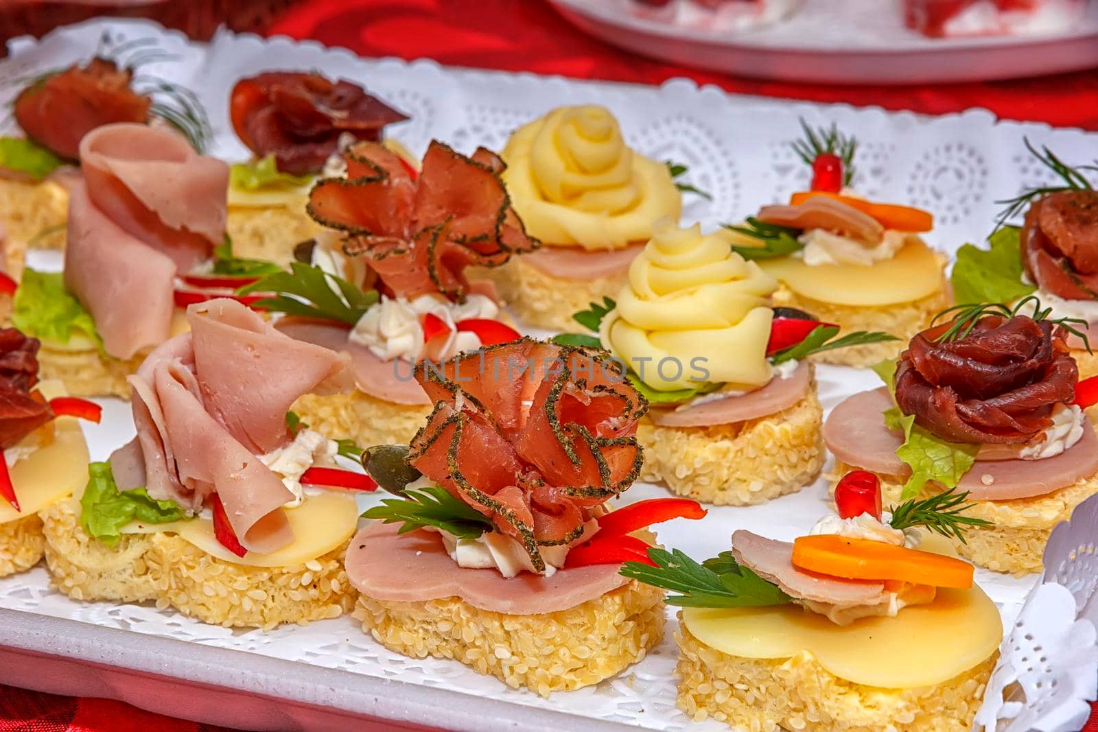 Set of different sandwiches with meat, vegetables, seafood. Catering food party. by EdVal