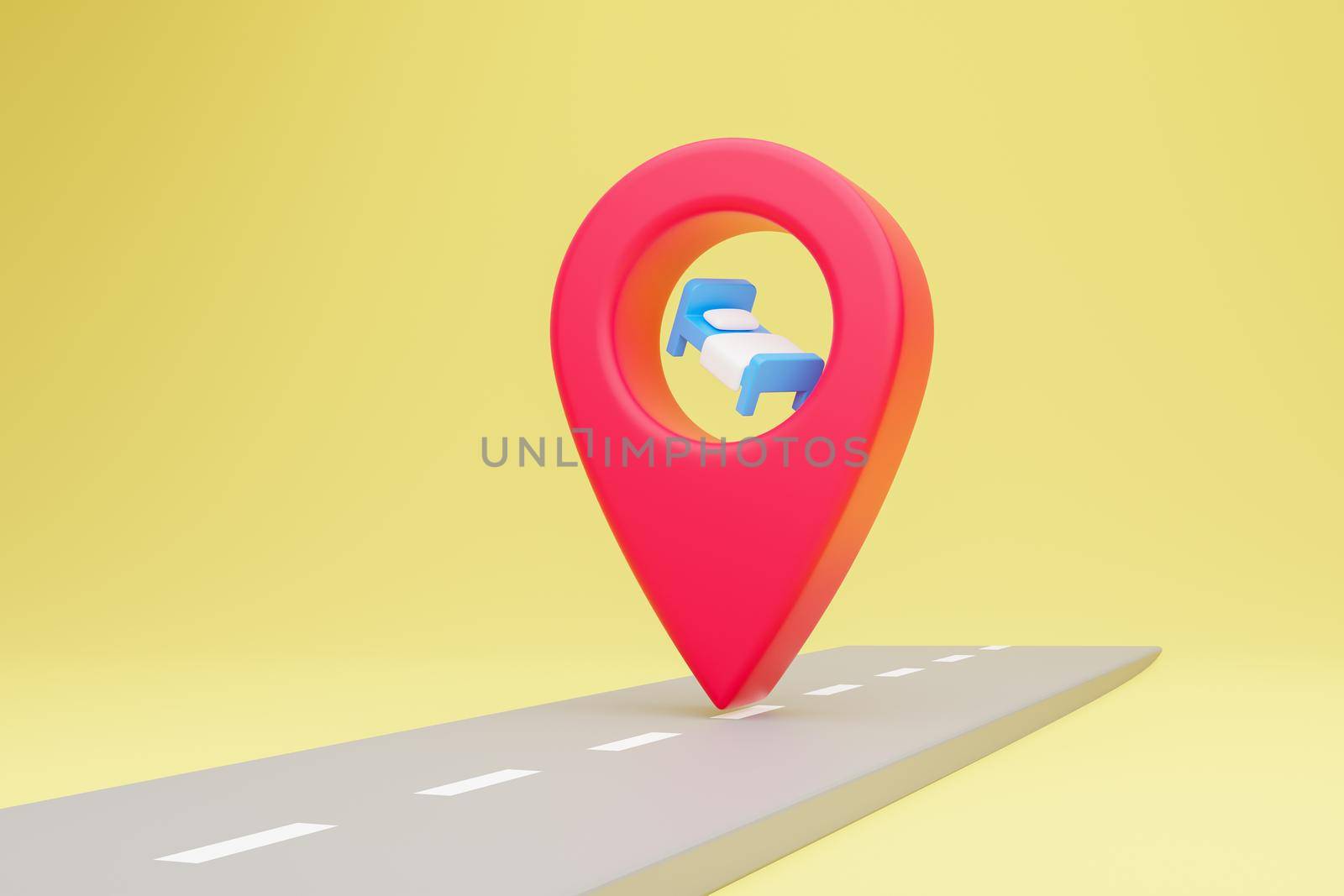 Locator mark or location pin or navigation icon sign shopping market or hotel or food or hospital GPS concept. 3D rendering.