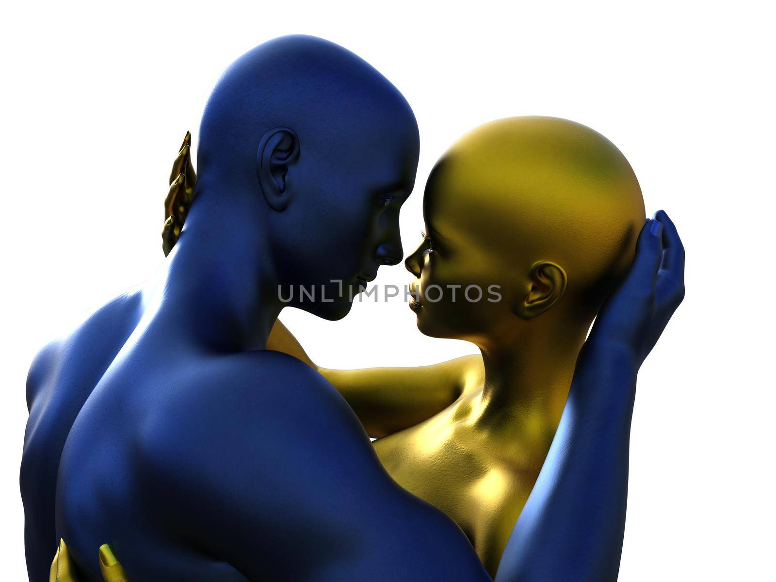 3D render portrait of golden woman and blue man hugging. by mrwed54