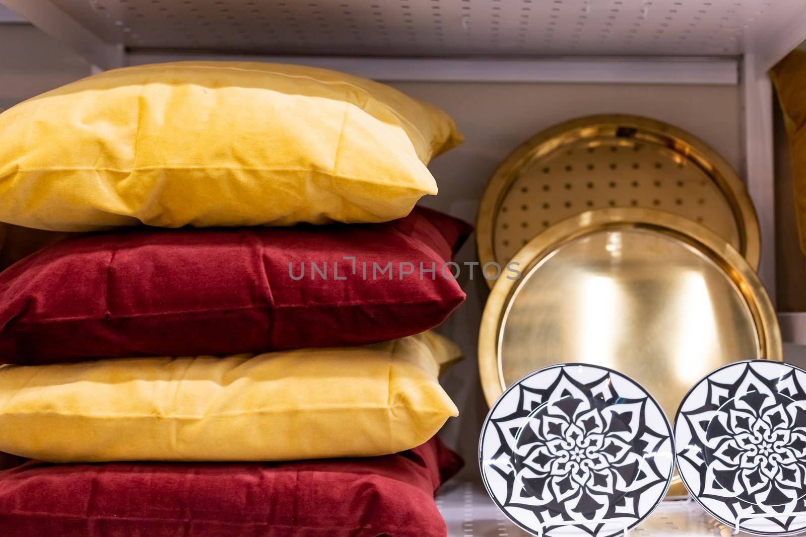 cozy set of pillows with pillowcases of different materials and textures textiles