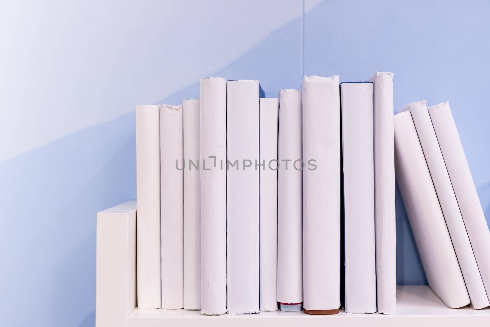 Shelf of books on white.literature,education,library,home office, back to school concept, copy space