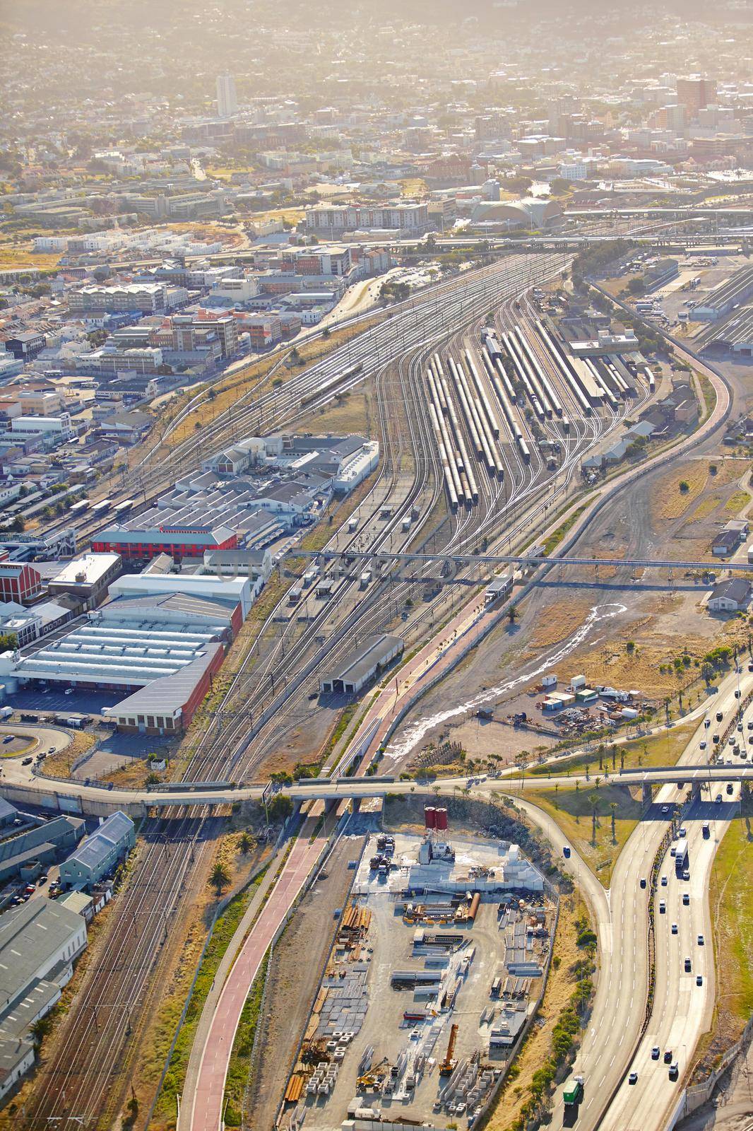 Urban transportation hub. Aerial shot of a busy rail transportation hub. by YuriArcurs