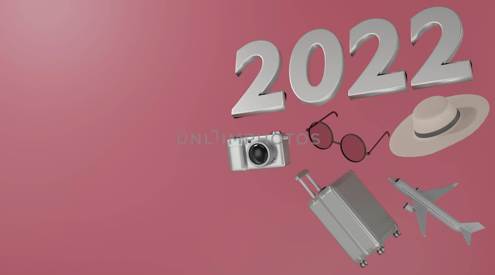 3d rendering. 2022 Traveling concept suitcase camera airplane hat and sunglasses on pink background. by sirawit99