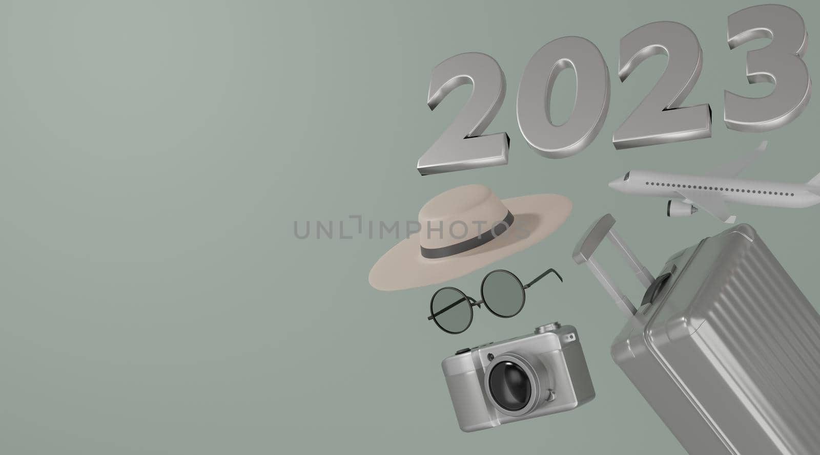 3d rendering. 2022 Traveling concept suitcase camera airplane hat and sunglasses on grey background. by sirawit99