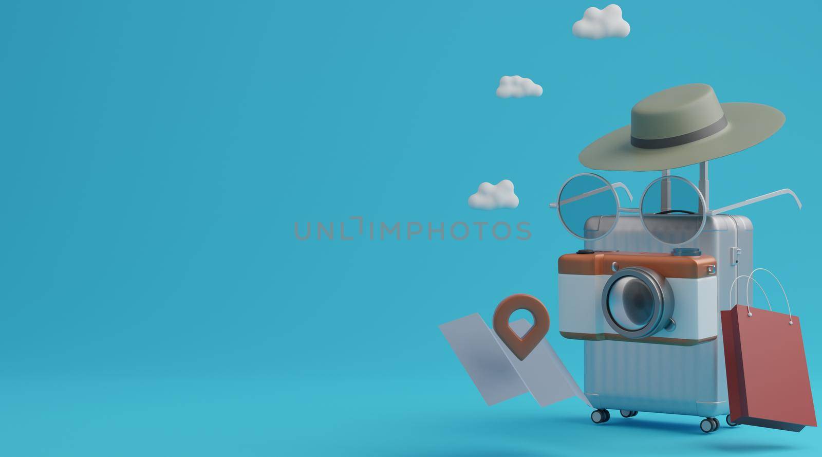3d rendering. Traveling concept suitcase camera pin map and sunglasses on blue background.