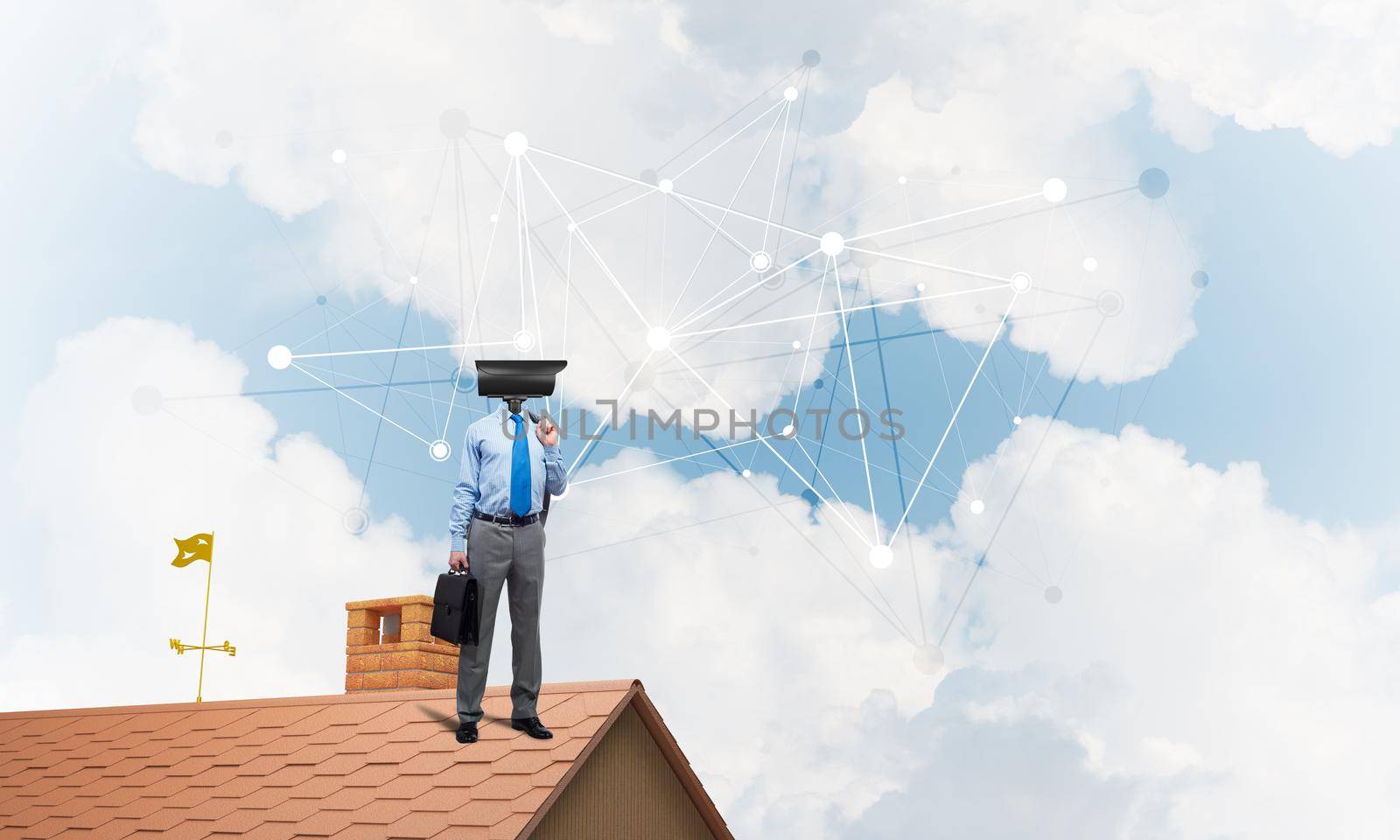 Faceless businessman with camera zoom instead of head standing on house roof