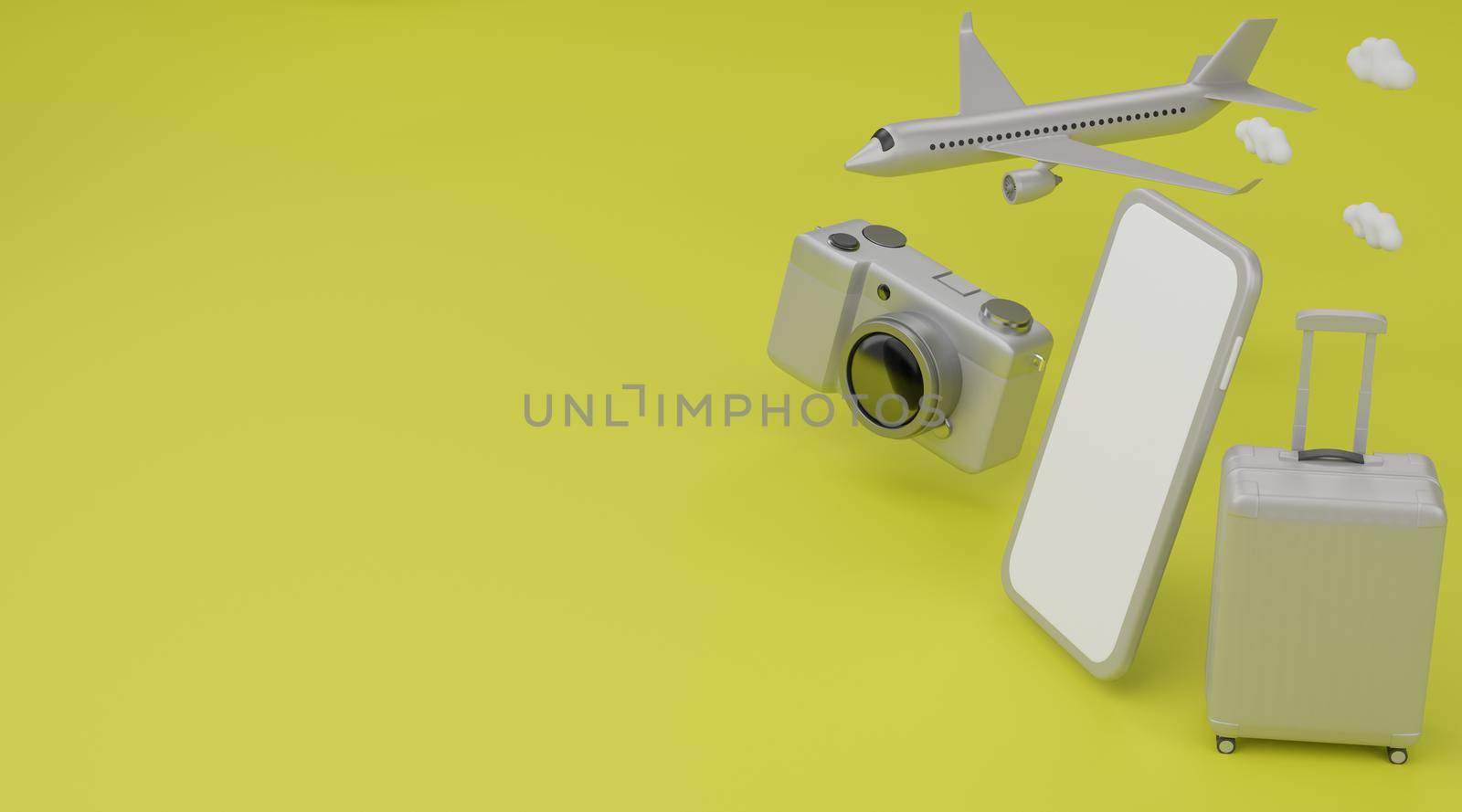 3d rendering. Traveling concept suitcase camera airplane with smartphone on yellow background.
