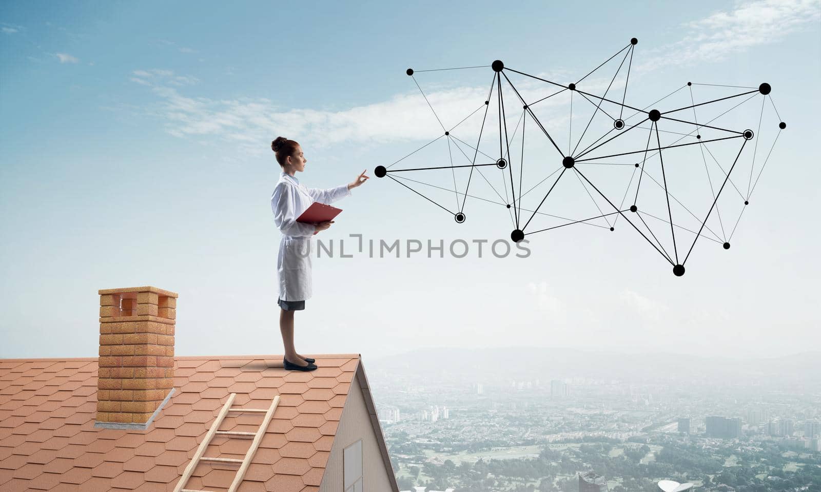 Horizontal shot of confident woman doctor in white medical suit standing at the top of brick building and interracting with network structure. Modern medical industry concept