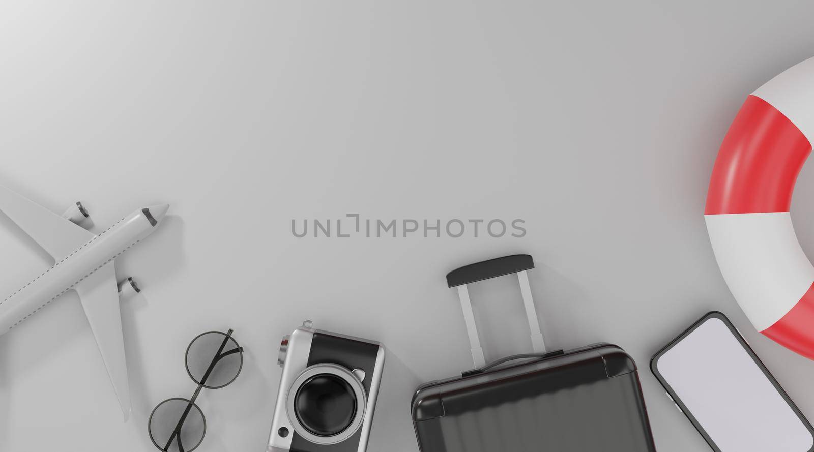3d rendering. Traveling concept suitcase camera airplane smartphone sunglasses and life Buoy on grey background. by sirawit99