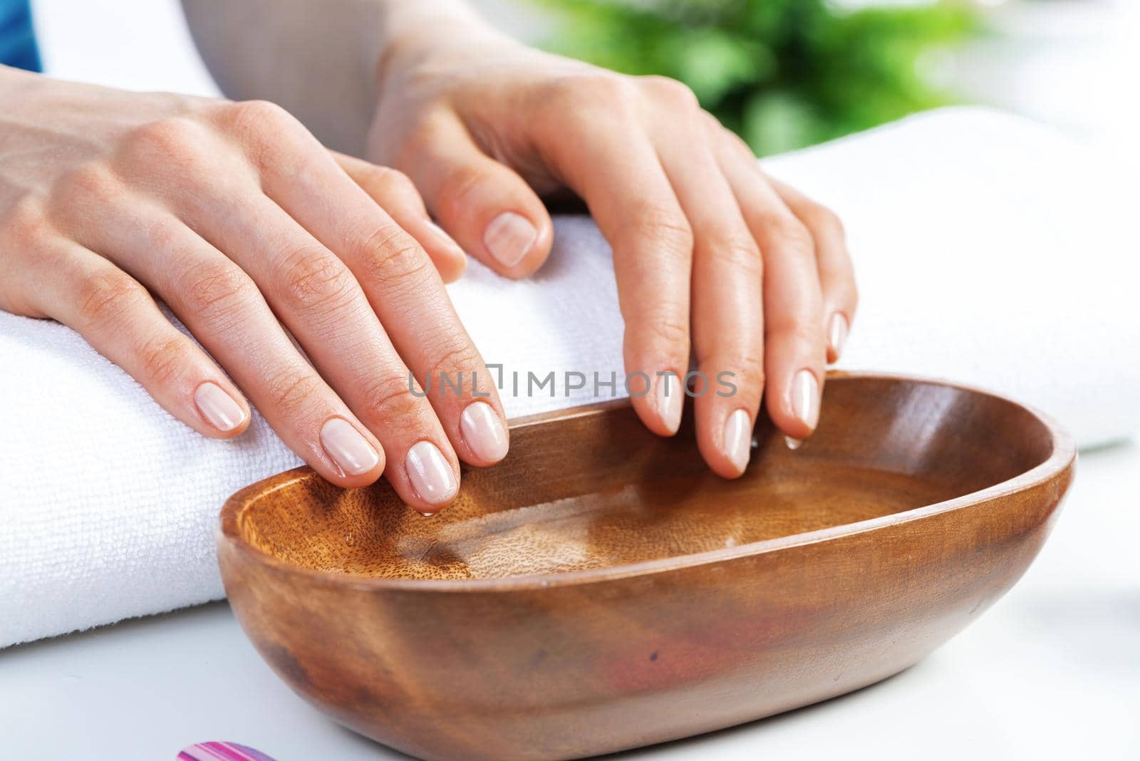 Closeup female hands in wooden bowl with water by adam121