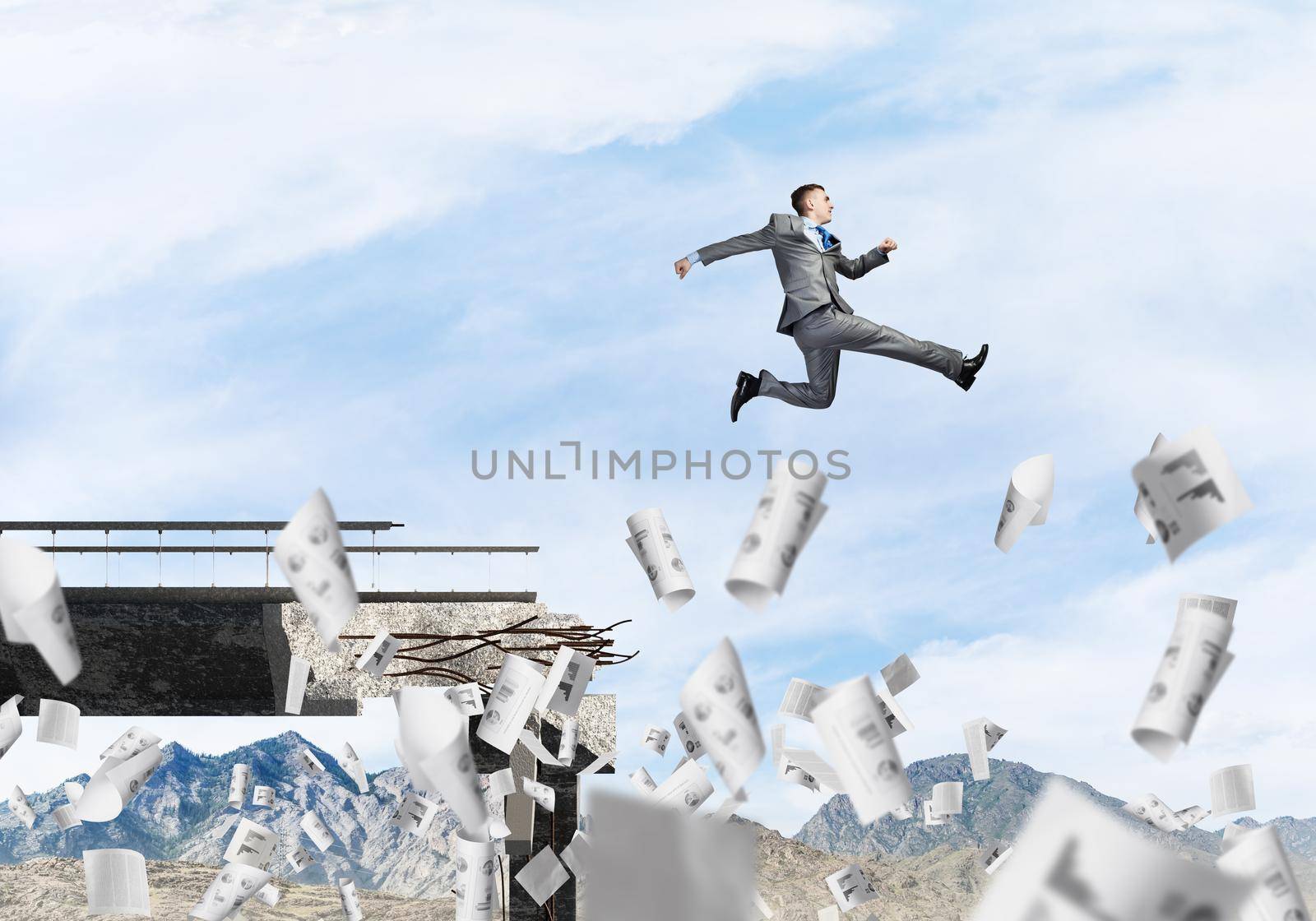 Businessman jumping over gap in bridge among flying papers as symbol of overcoming challenges. Skyscape and nature view on background. 3D rendering.