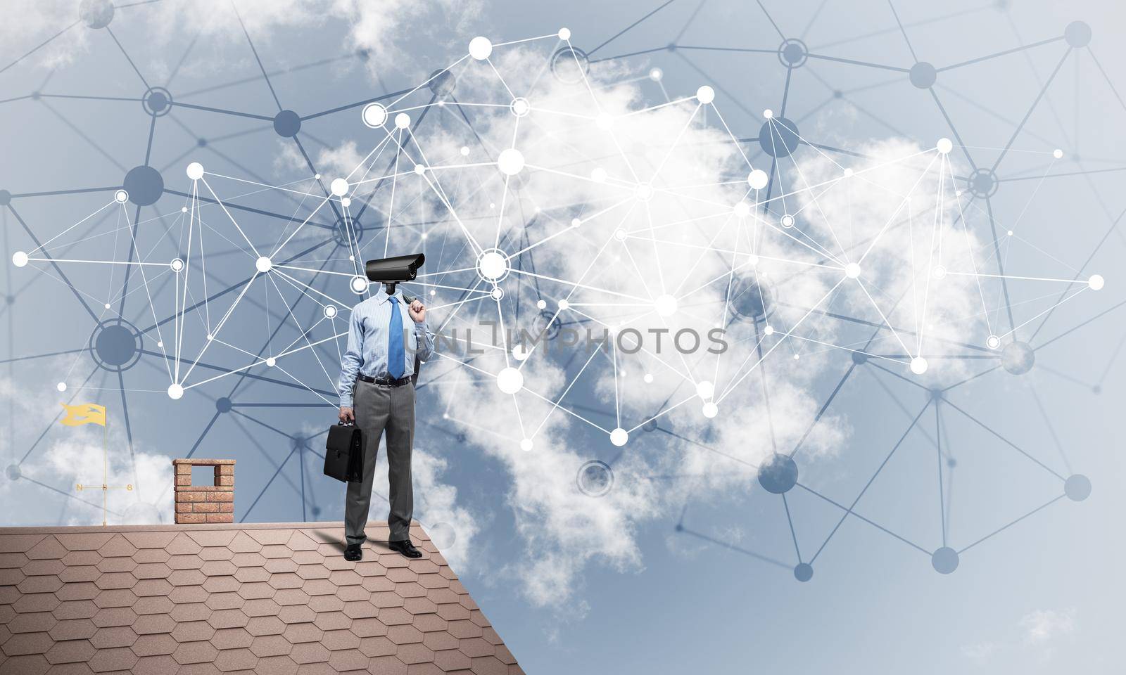 Faceless businessman with camera zoom instead of head standing on house roof