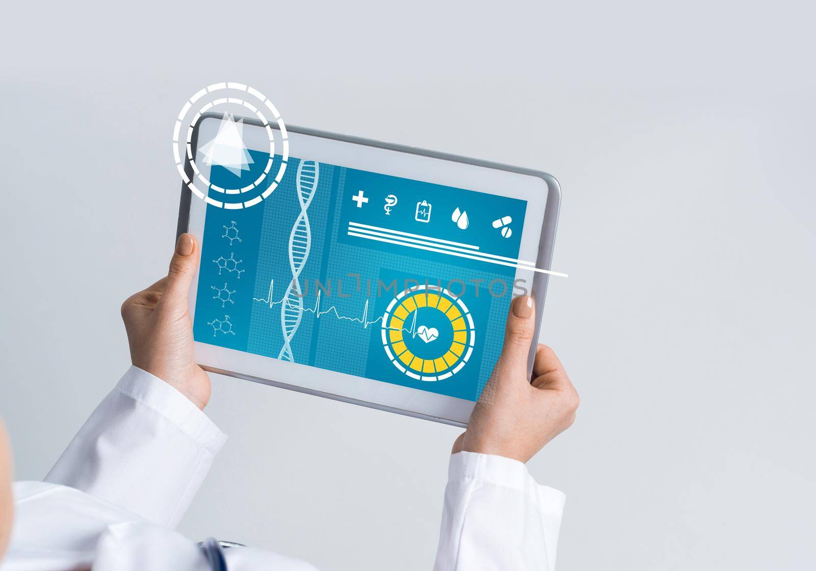 Tablet pc device with medicine interface screen in hands of doctor