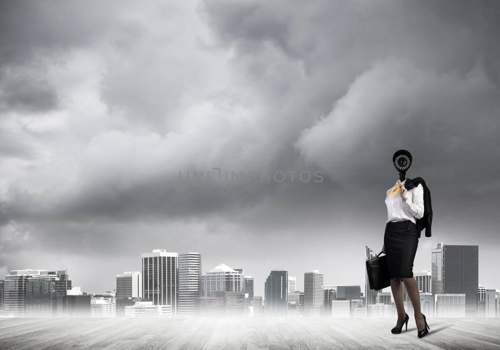 Faceless businesswoman with camera zoom instead of head against cityscape background