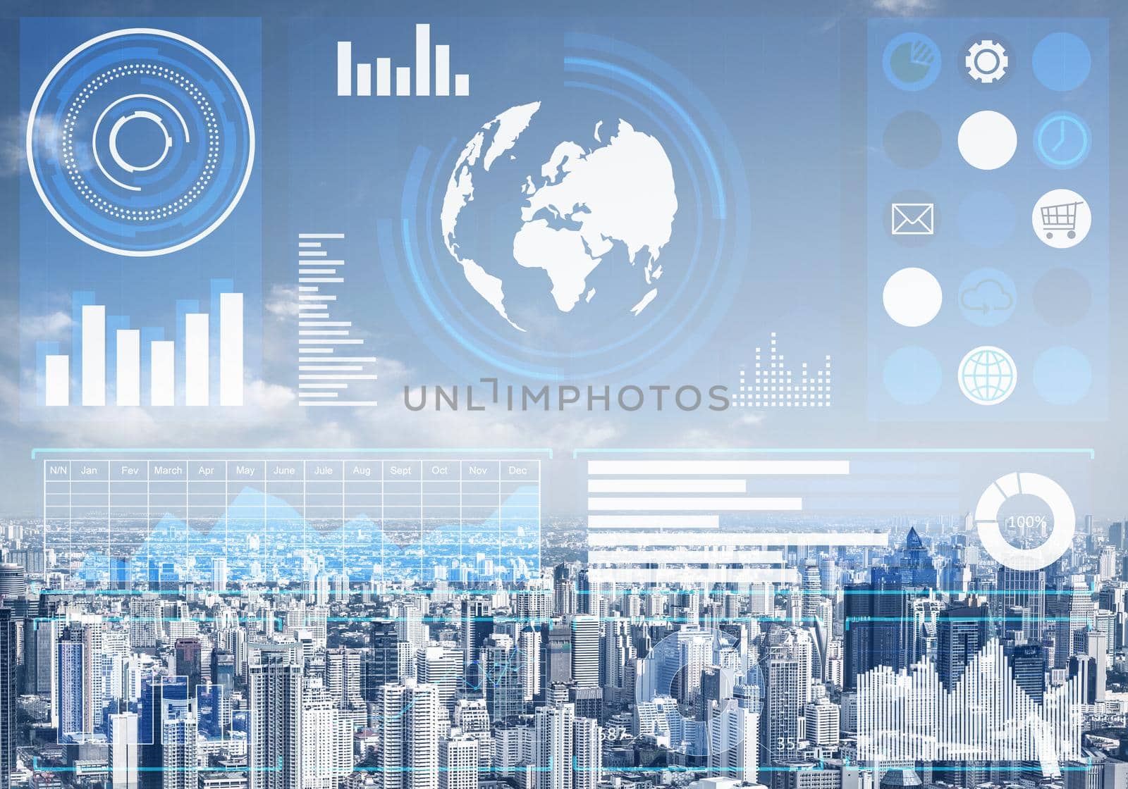 Double exposure business concept with abstract financial graphics on background of modern cityscape. Concept of trading and global financial markets. Digital economy, analytics and statistics.