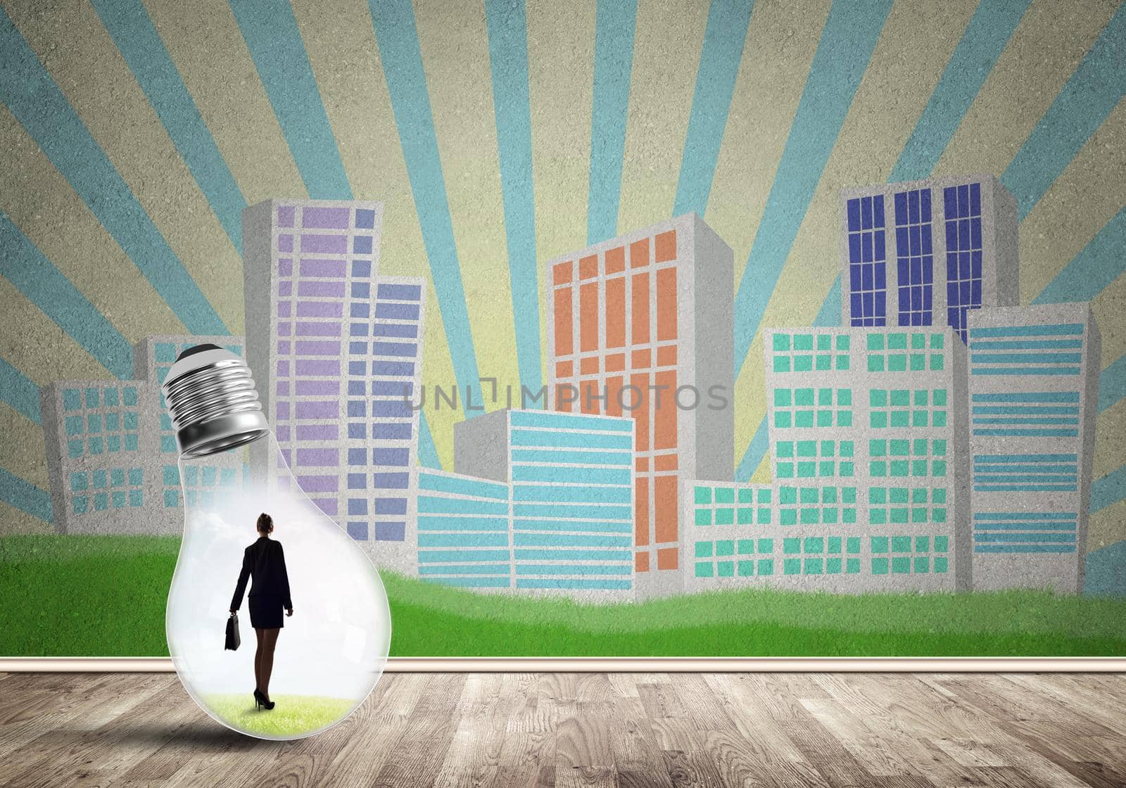 Businesswoman inside light bulb against city drawn concept