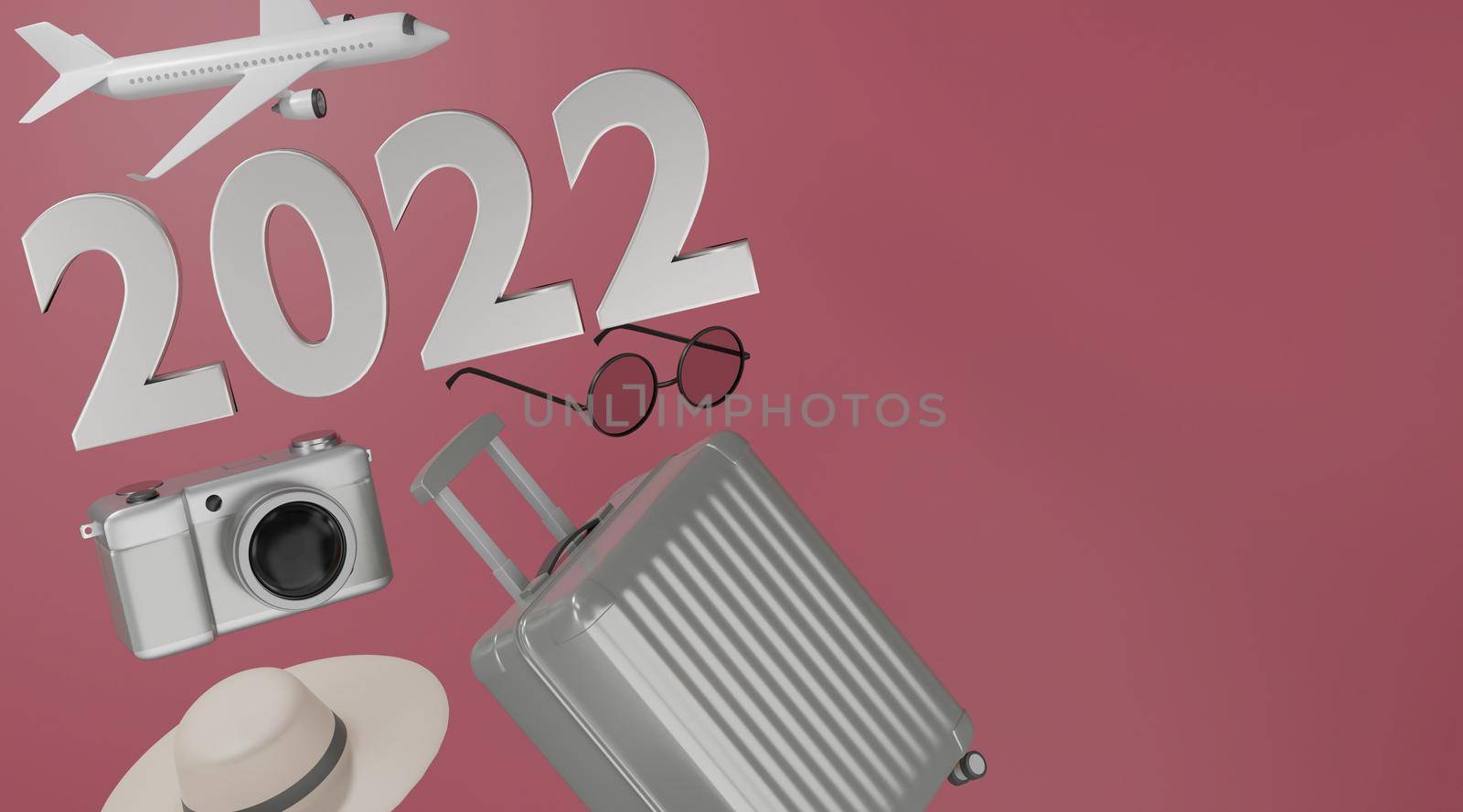 3d rendering. 2022 Traveling concept suitcase camera airplane hat and sunglasses on pink background.