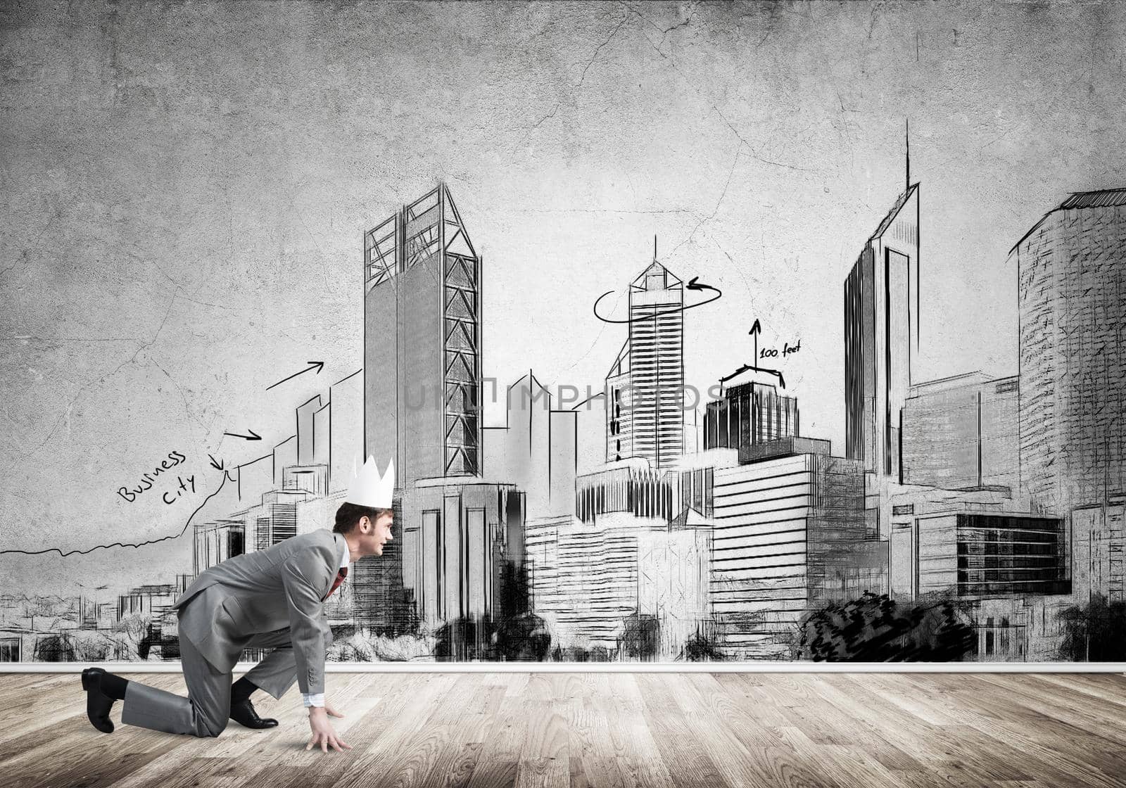 King businessman in elegant suit running and drawn cityscape silhouette at background by adam121