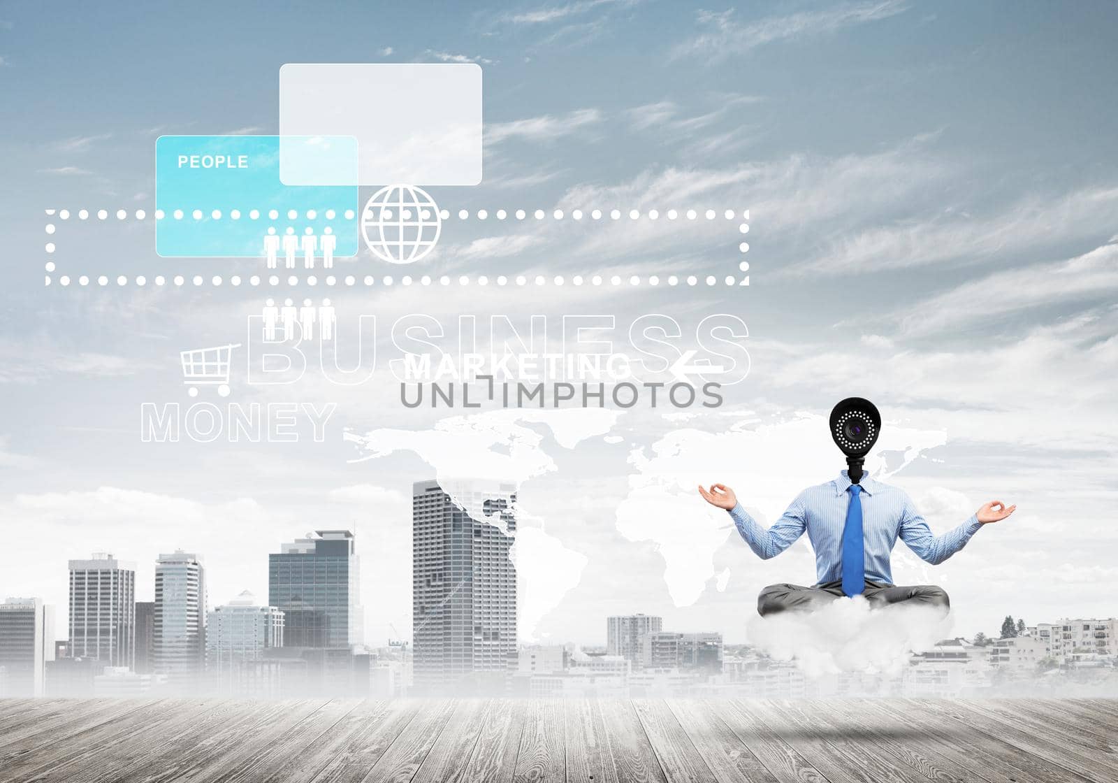 Camera headed man sitting in lotus pose on cloud against modern cityscape by adam121