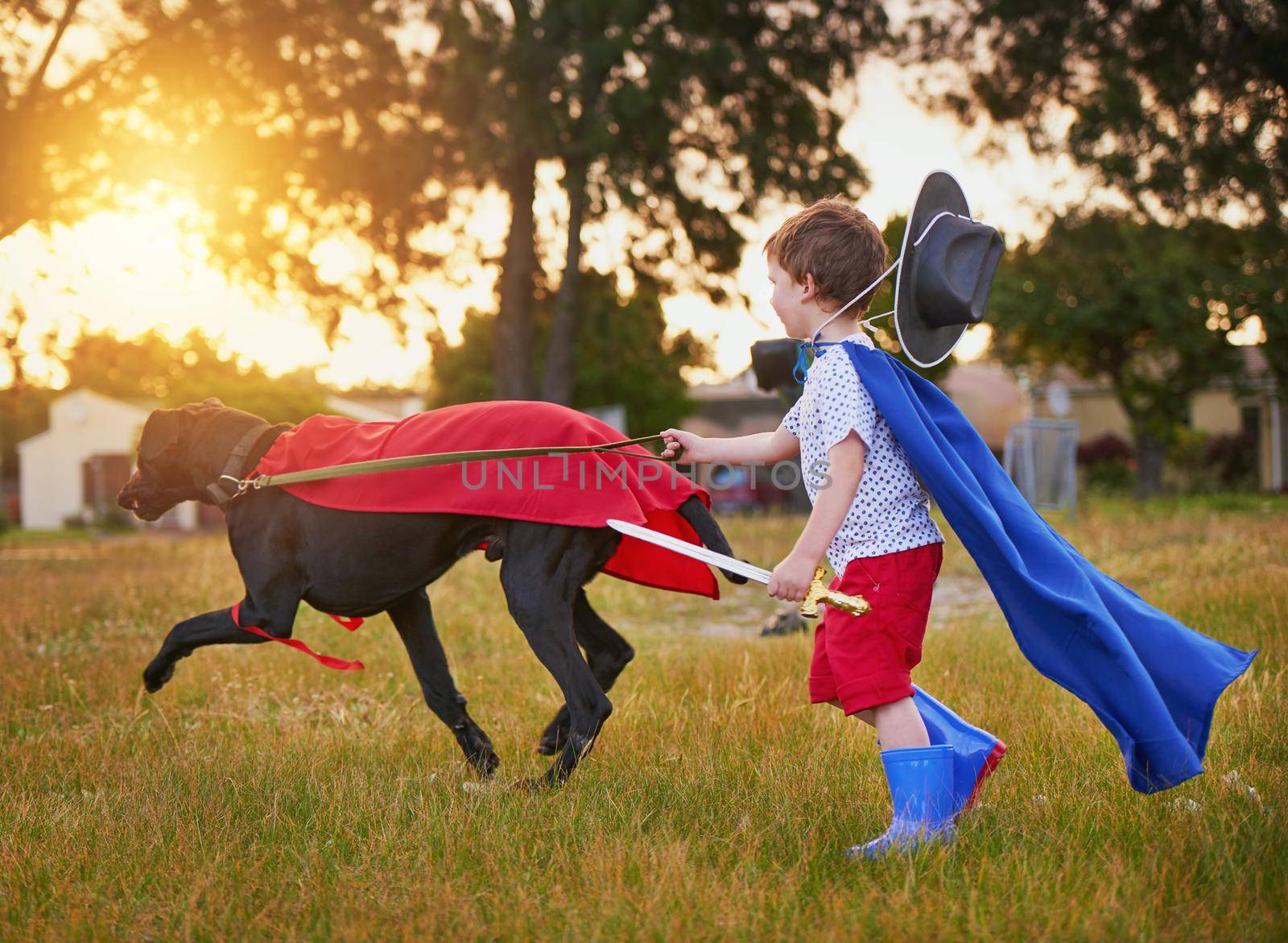 Shot of a little boy and his dog wearing capes while playing outside.