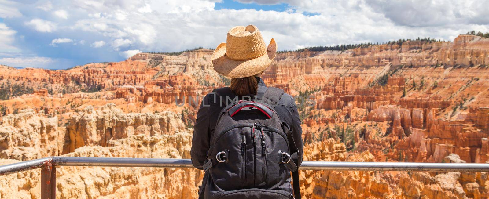 Woman wearing hat looking at the Bryce Canyon Utah USA