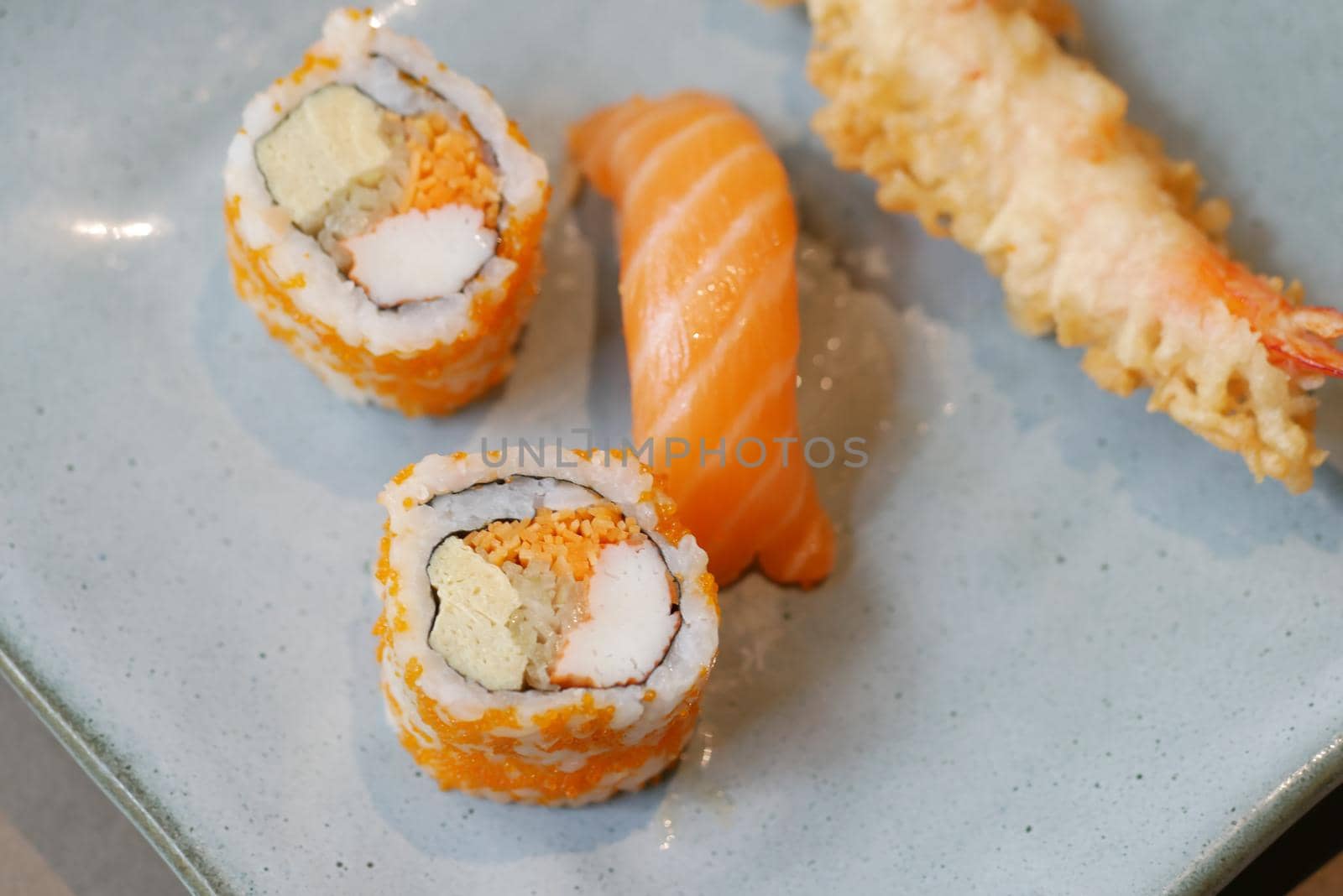 sushi and traditional japanese food on table with copy space