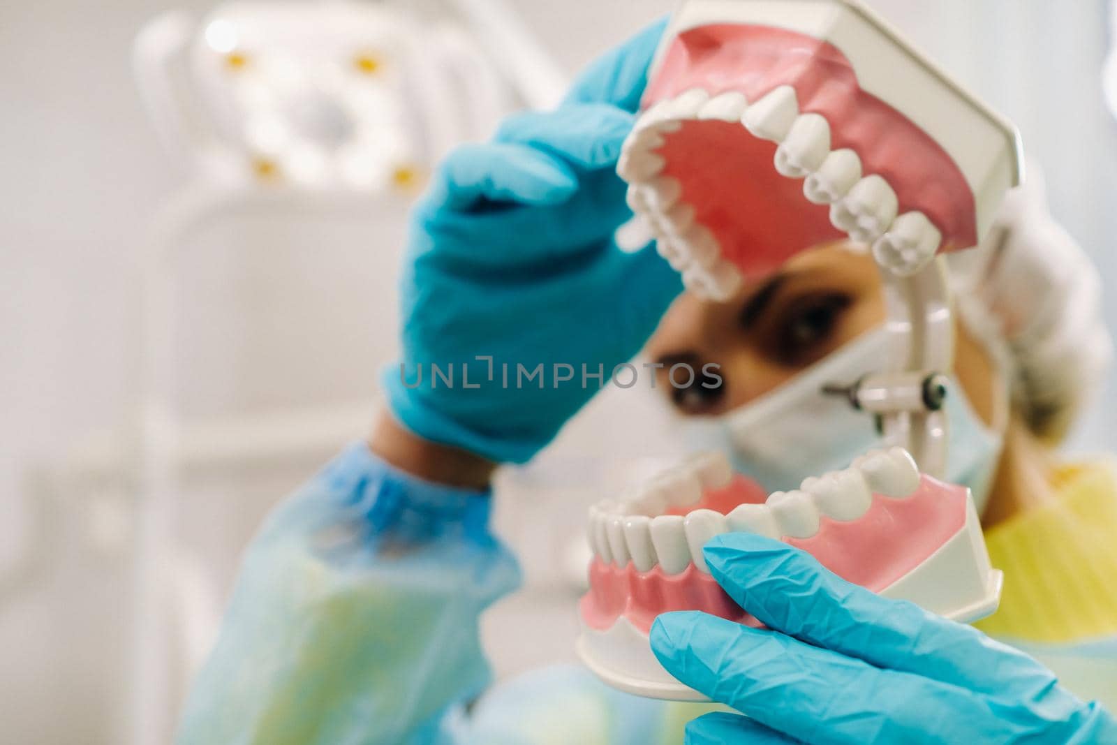 A model of a human jaw with teeth and a toothbrush in the dentist's hand.