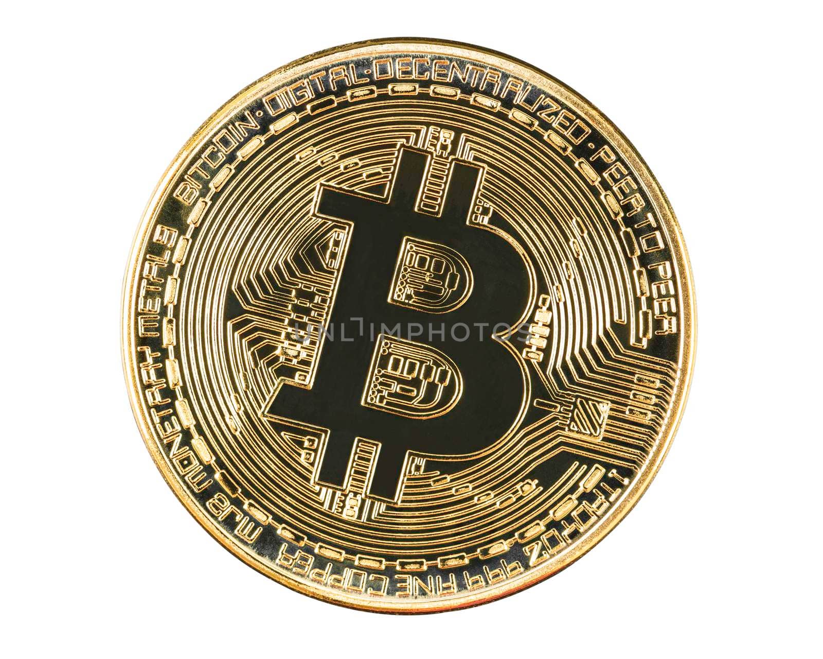Close up golden bitcoin coins isolated on white background with clipping path