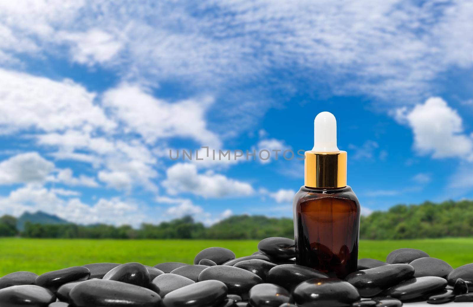 Serum oil bottle dropper mock up or essential oil with black stone agent green grass field and blue sky