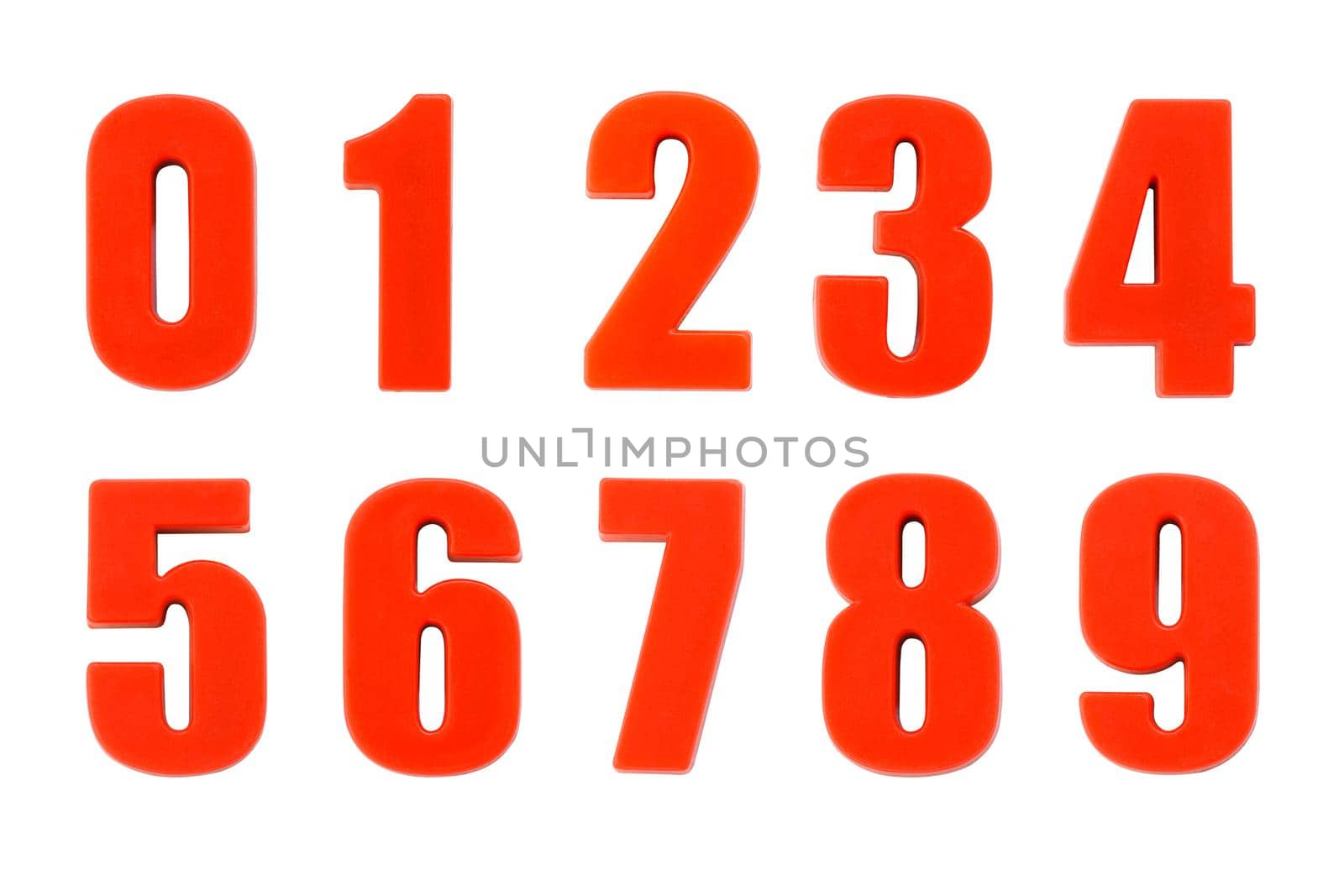 Shot of a number 0-9 made of red plastic ,Red educational number block 0-9 isolated on white background