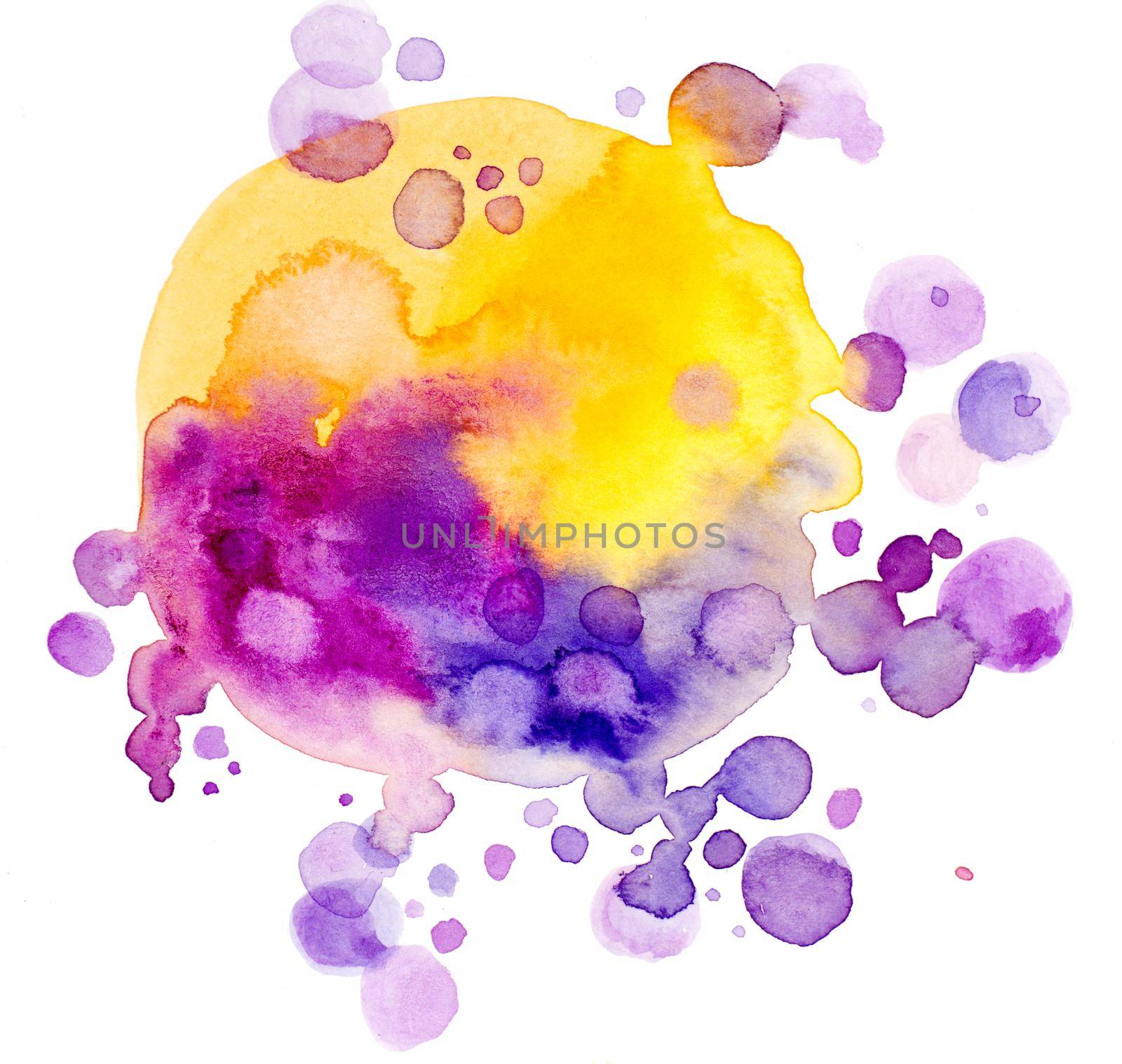 Abstract watercolor gradient purple and yellow drops background