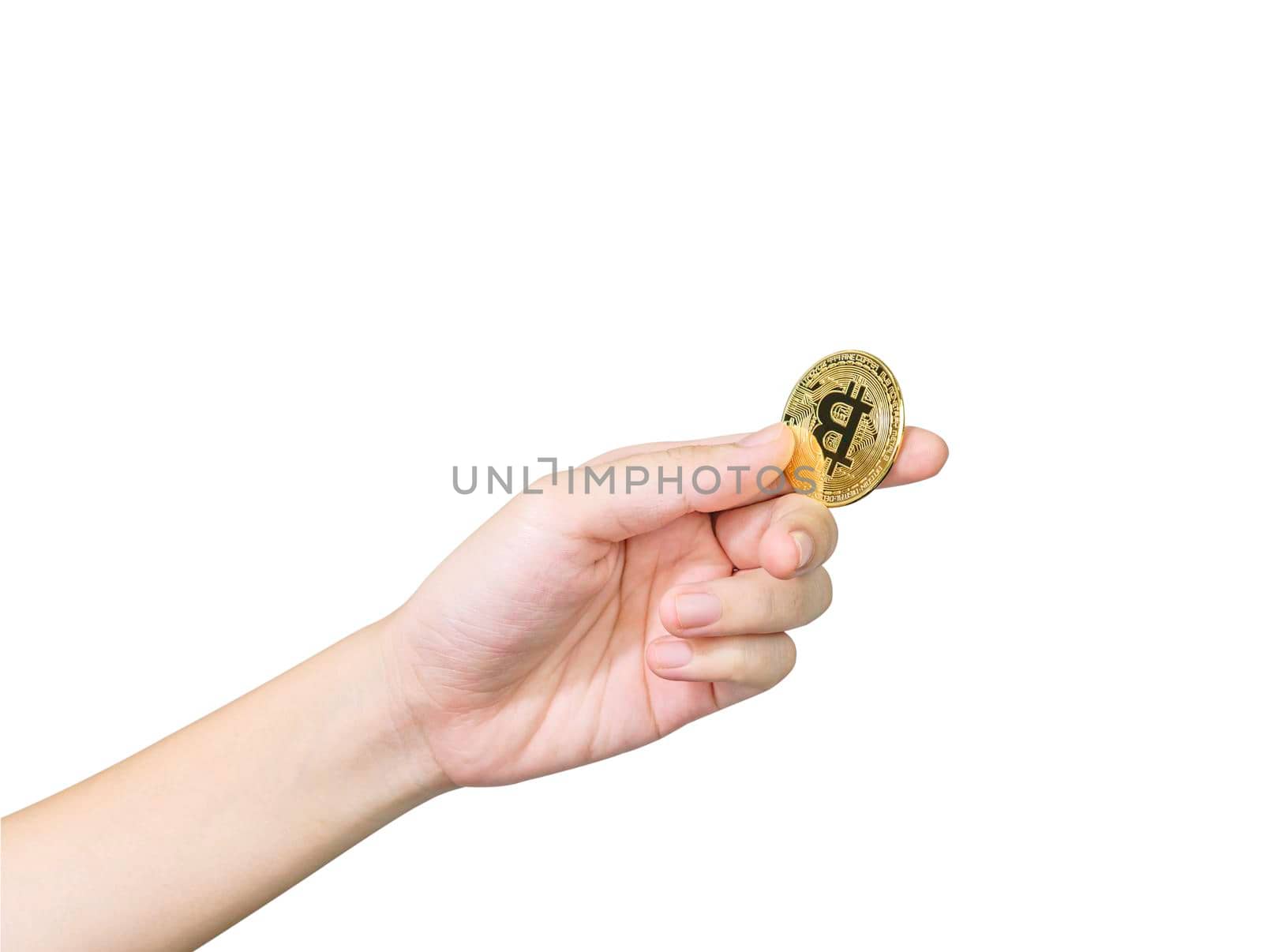 Hand holding some pieces of golden Bitcoin token with clipping path by stoonn