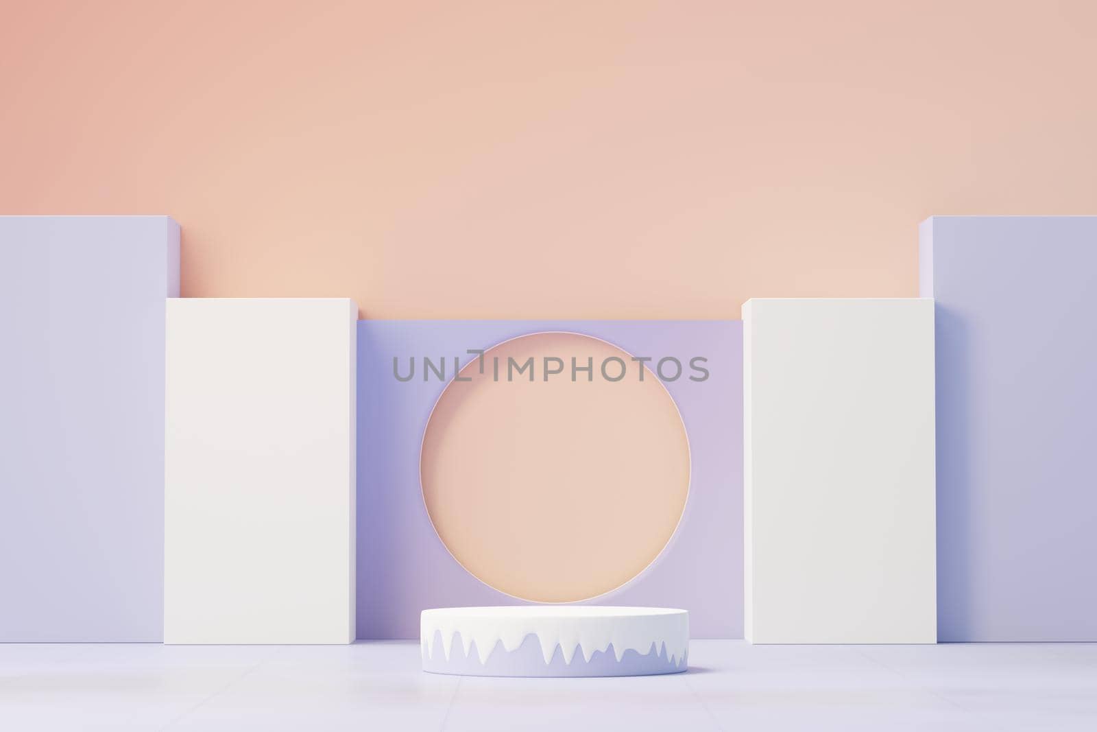 3d render of Beauty podium with Very Peri color of the year 2022 design for product presentation and advertising. Minimal pastel sky and Dreamy land scene. Romance concept.