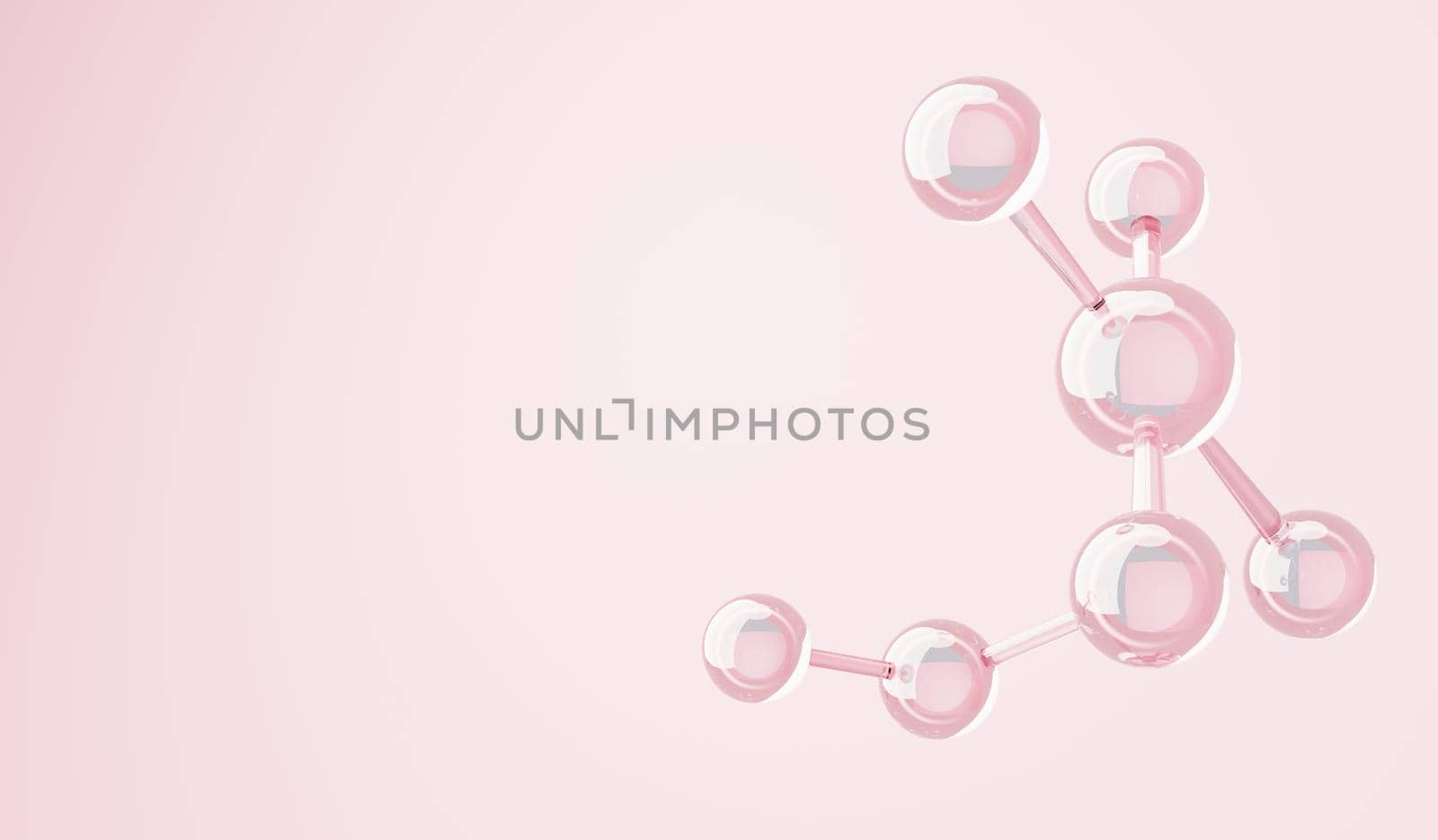 3d render of simple chemical bond in side cell or molecules. The associated of atoms, ions, bond and molecules. Liquid drop bubble background. Covalent bond. Biochemical interaction.