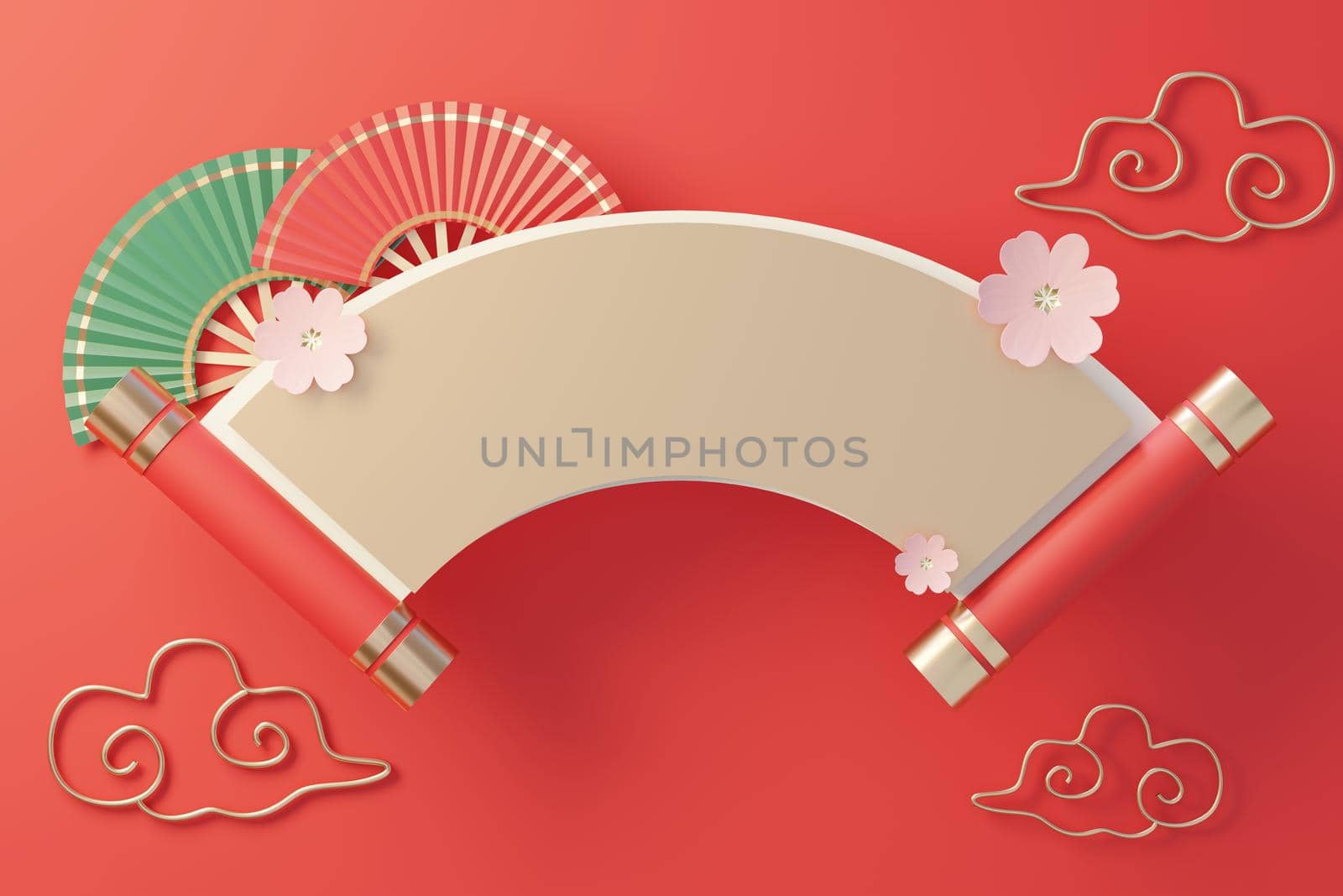 3d render top view of white blank cylinder frame for mock up and display products with Chinese traditional background. Chinese lunar new year theme.