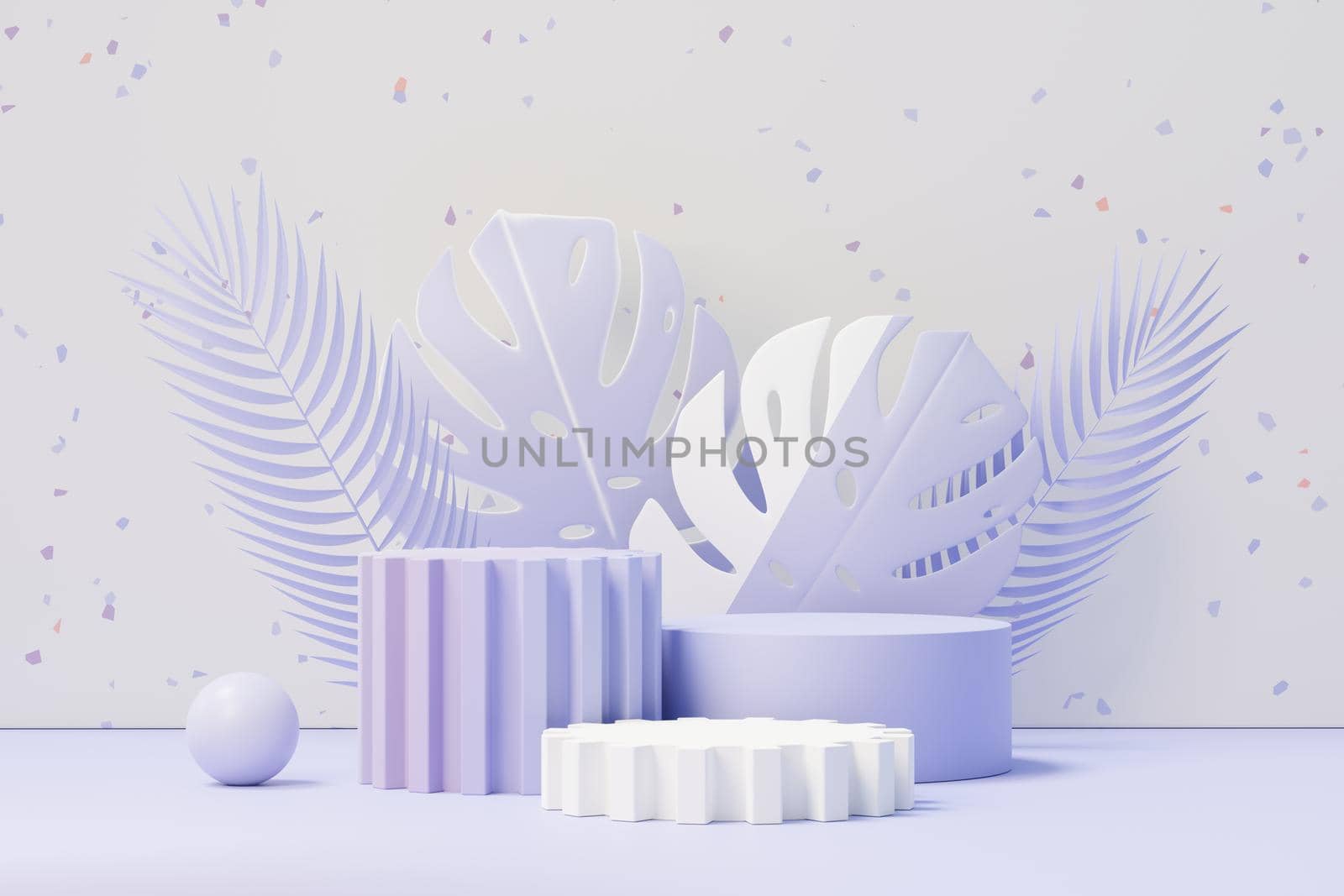 3d render of Beauty podium with Very Peri color of the year 2022 design for product presentation and advertising. Minimal pastel sky and Dreamy land scene. Romance concept.